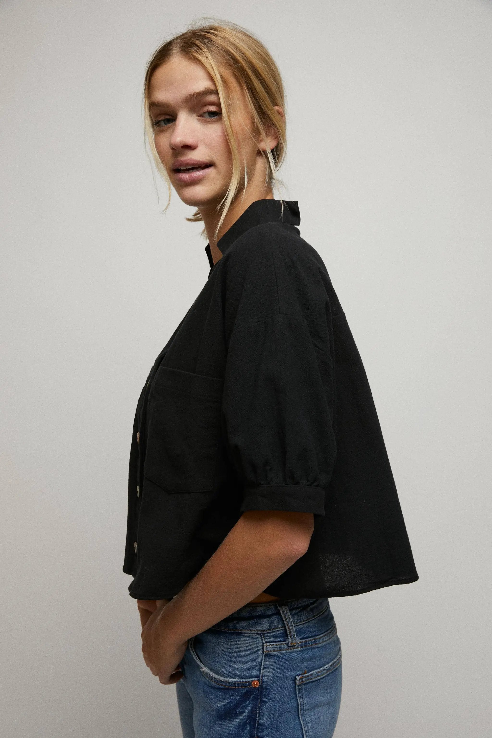Cerule Elbow Sleeves Button Down 2 Pocket Crop Shirt - Shirts