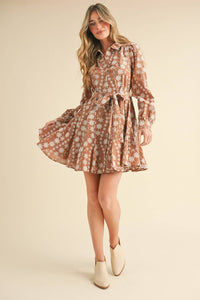 &merci - Intricate Floral Embroidery Button Down Flared Mini Dress in Dark Amber