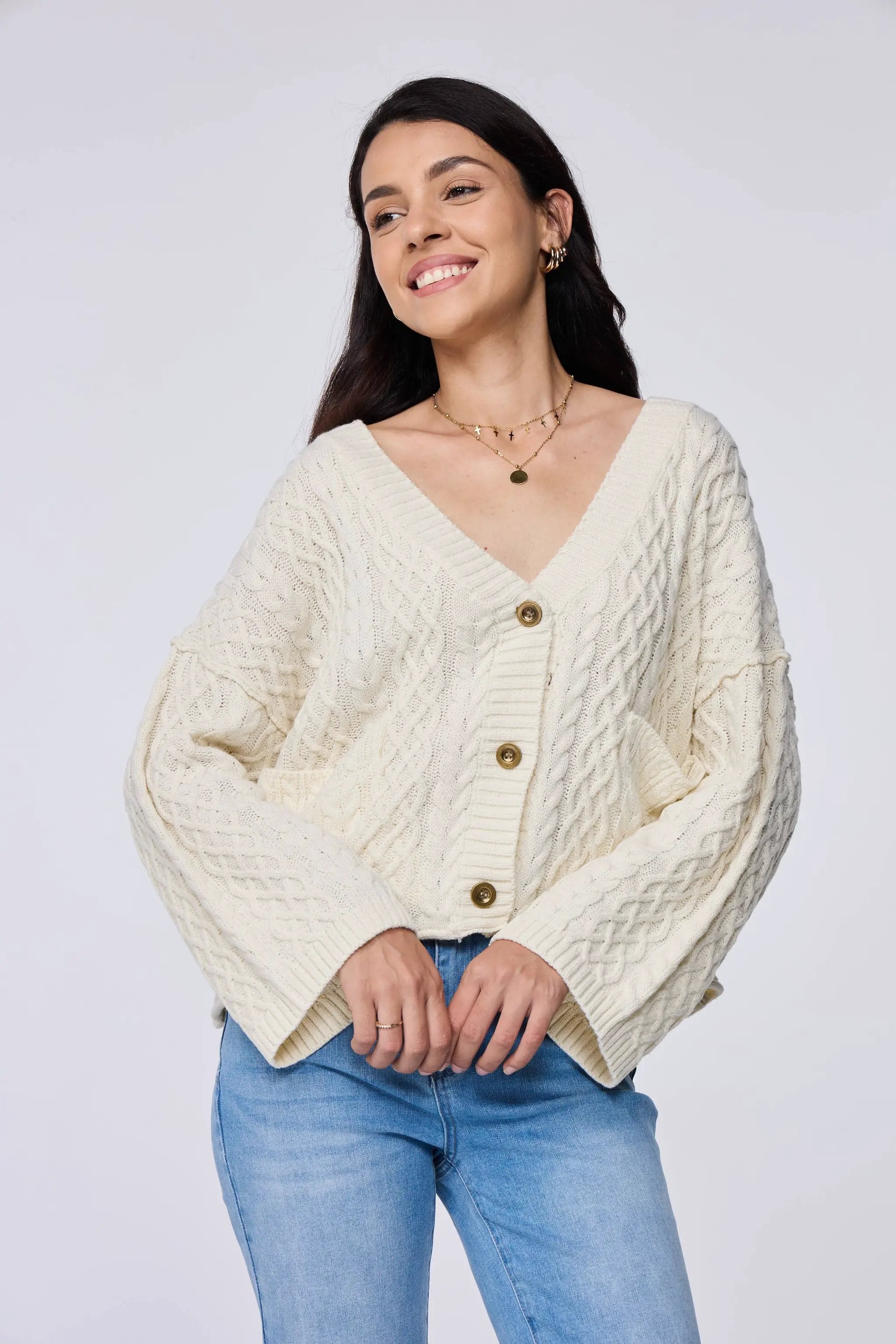 Lovesoft Lovesoft - 100% Acrylic Relaxed Cozy Cable Knit Cardigan - Apricot - Cardigans