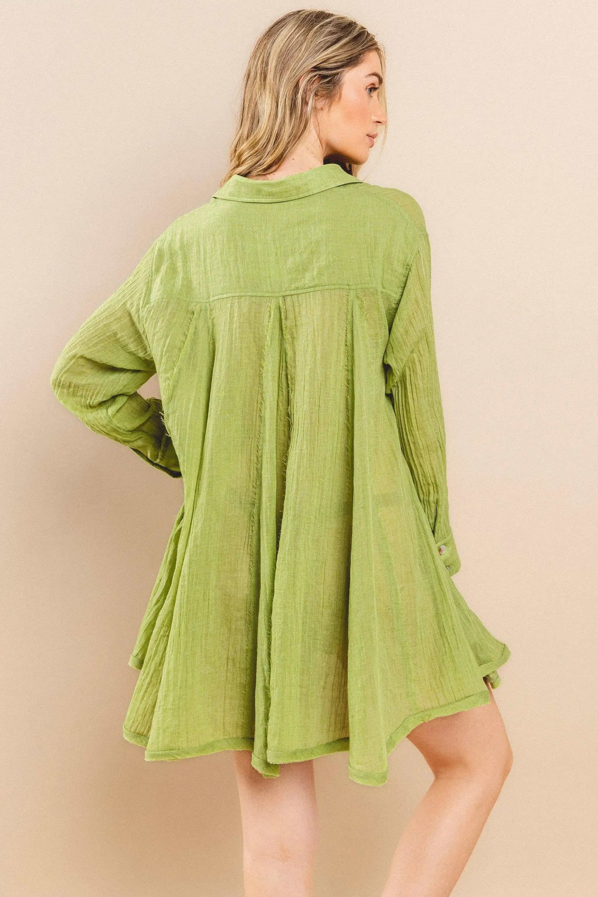 WISTERIA LANE Wisteria Lane - Lime Gauze Wide Sweep Paneled Shirt Dress - Dresses