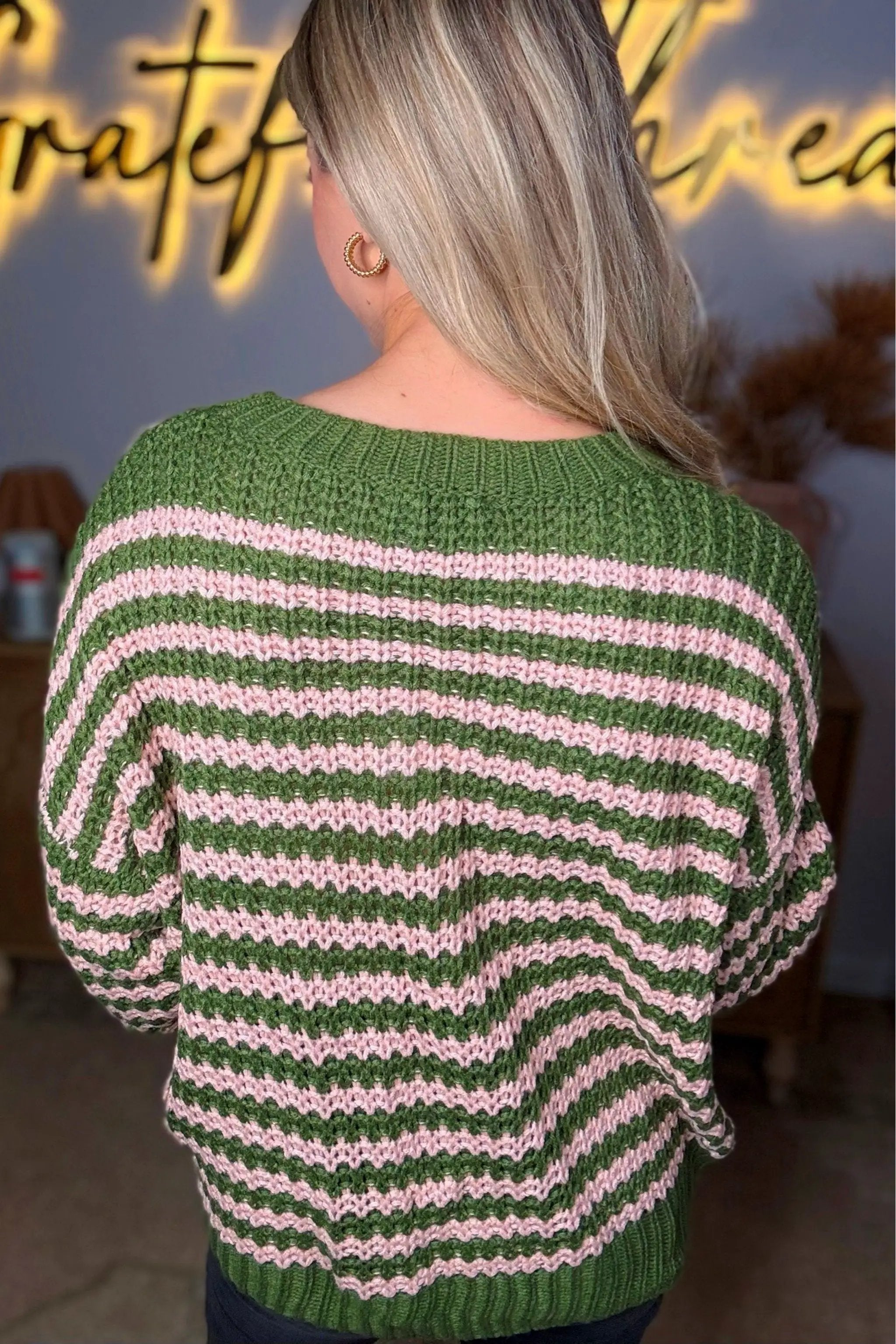 Hayden LA Hayden LA - Womens Striped Drop Shoulder Low Gauge Sweater: Olive & Pink Mix - Sweaters