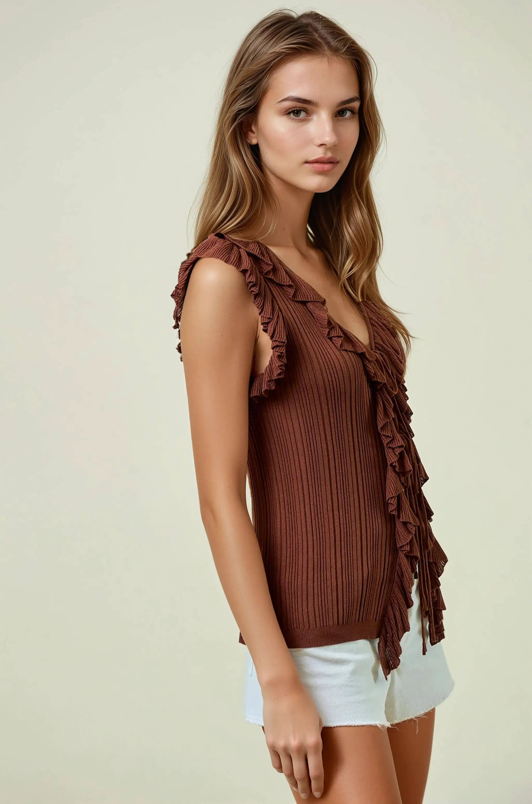 Doe and Rae The Terracotta Ruffle Tie-Front Ribbed Tank - Tank Tops