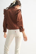 Camellia Camellia - RUFFLED BUTTON-UP DENIM JACKET: BROWN / S-M-L(3-2-1) -