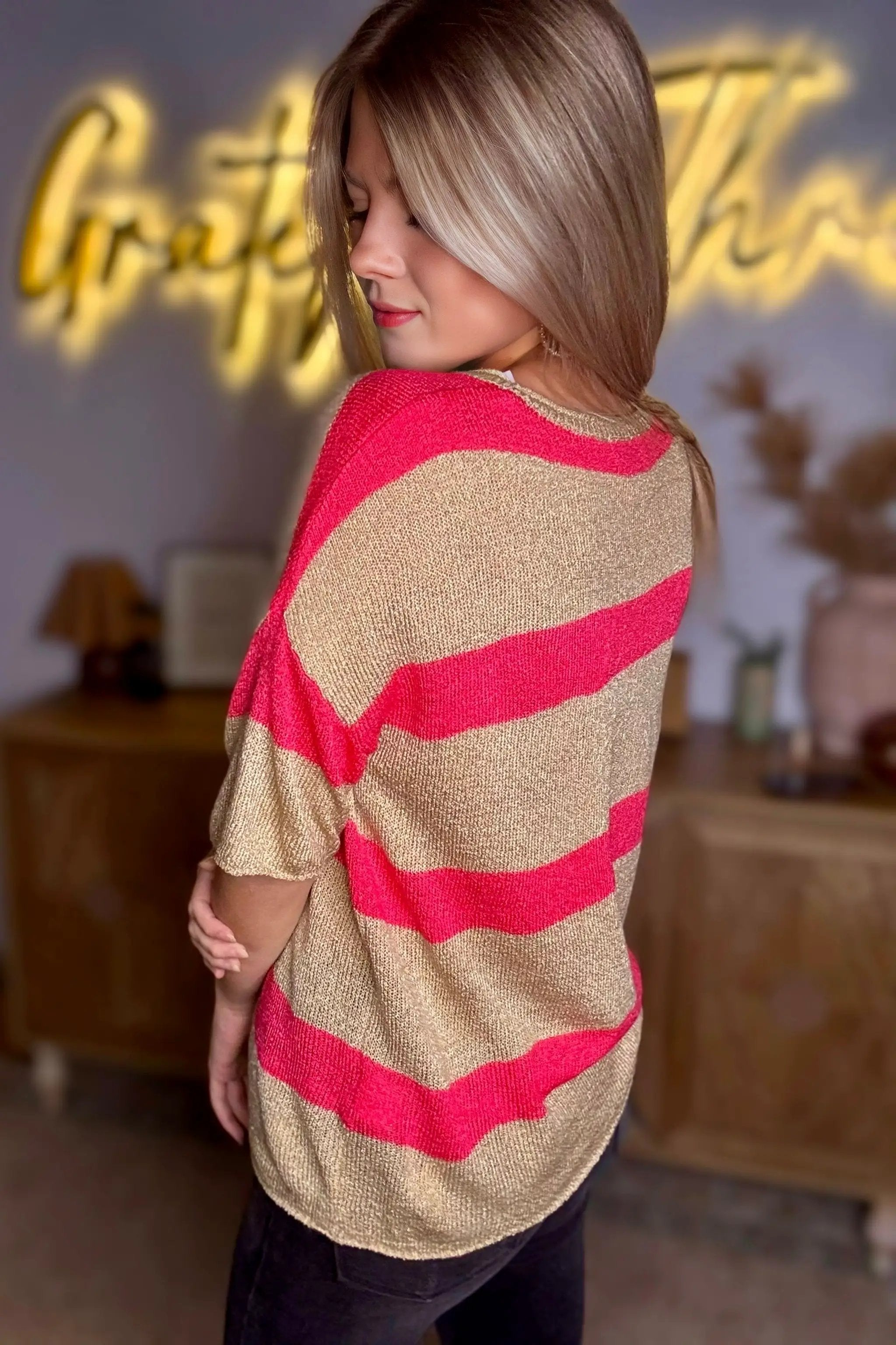 Grateful Threads Boutique Pink Stripe Colorblock Short Sleeve Crew Neck Lightweight Sweater - Sweaters Pink Stripe Colorblock Short Sleeve Crew Neck Lightweight Sweater