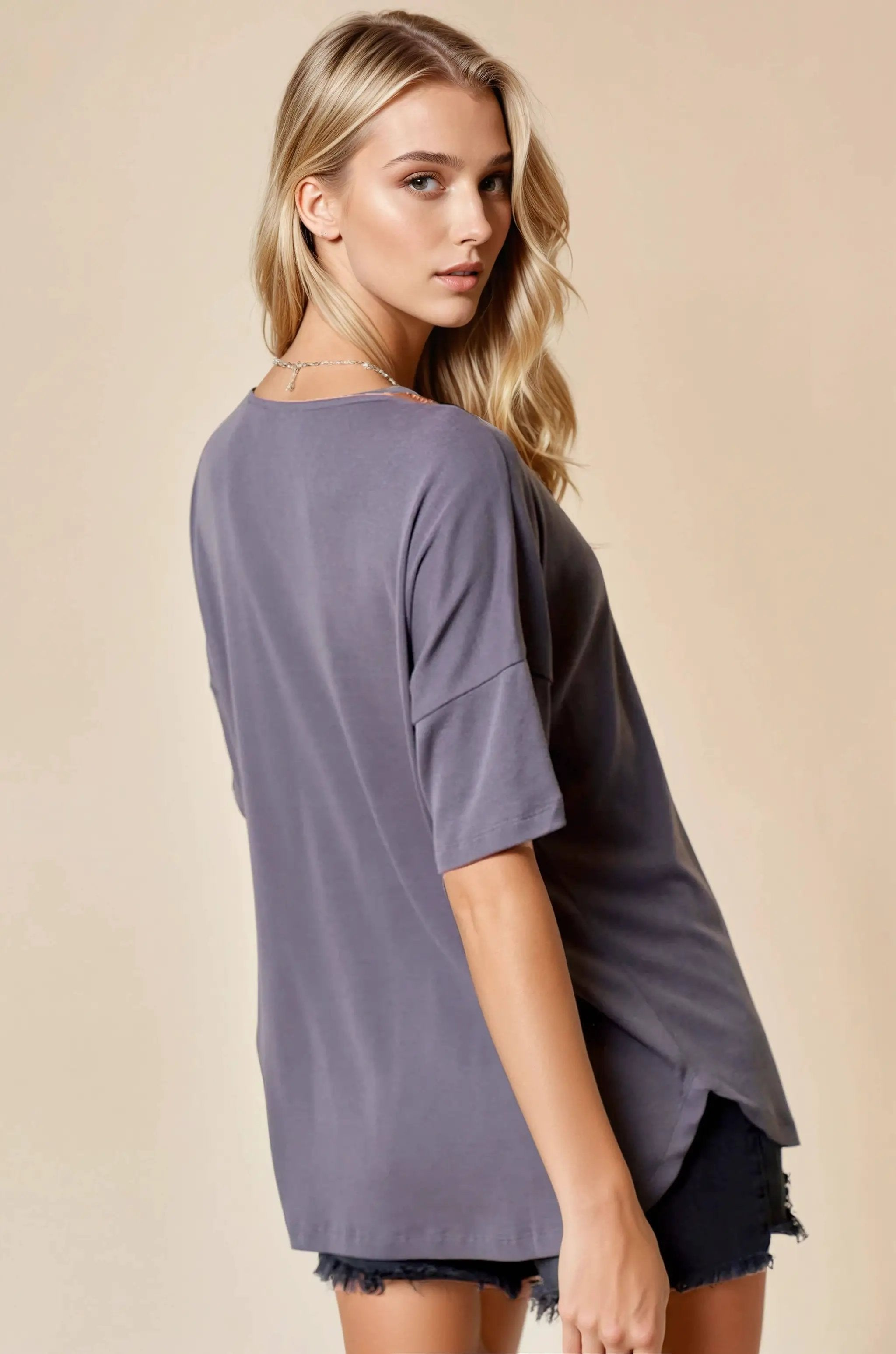 Doe and Rae The Oversized V-Neck Knit Top: Charcoal - T-Shirts