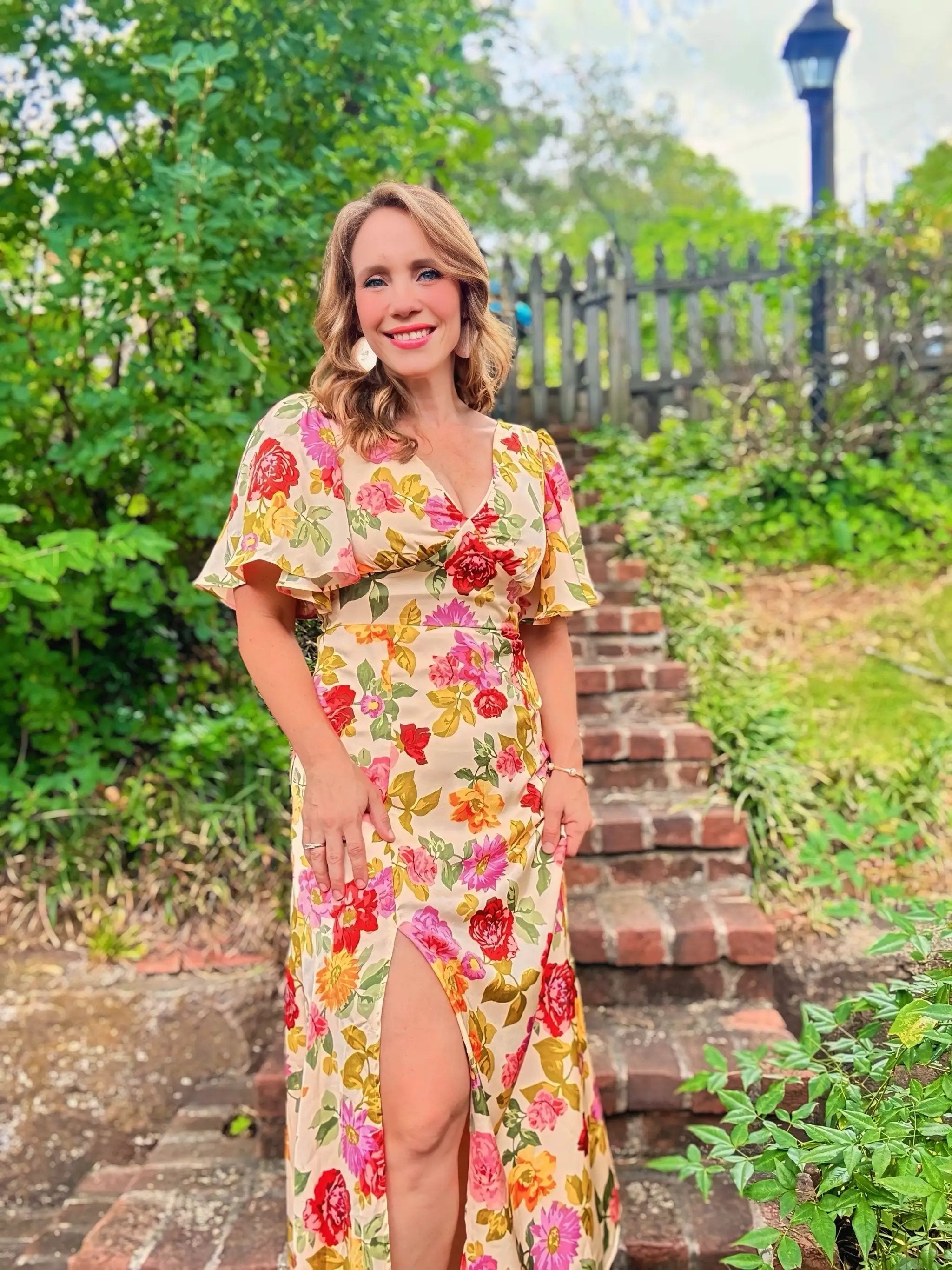 Grateful Threads Boutique Garden Party Escape Maxi Dress - Dresses vintage floral v neck short sleeve tie back long slit dress