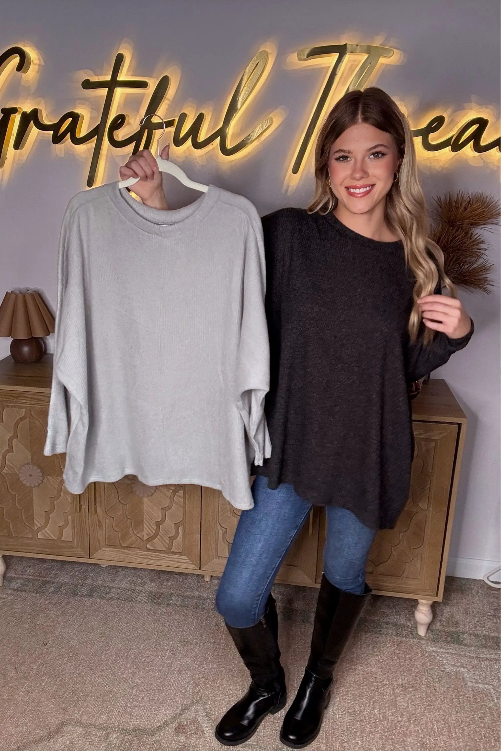 Cherish Flannel Dolman Long Sleeve Soft Sweater - Sweaters
