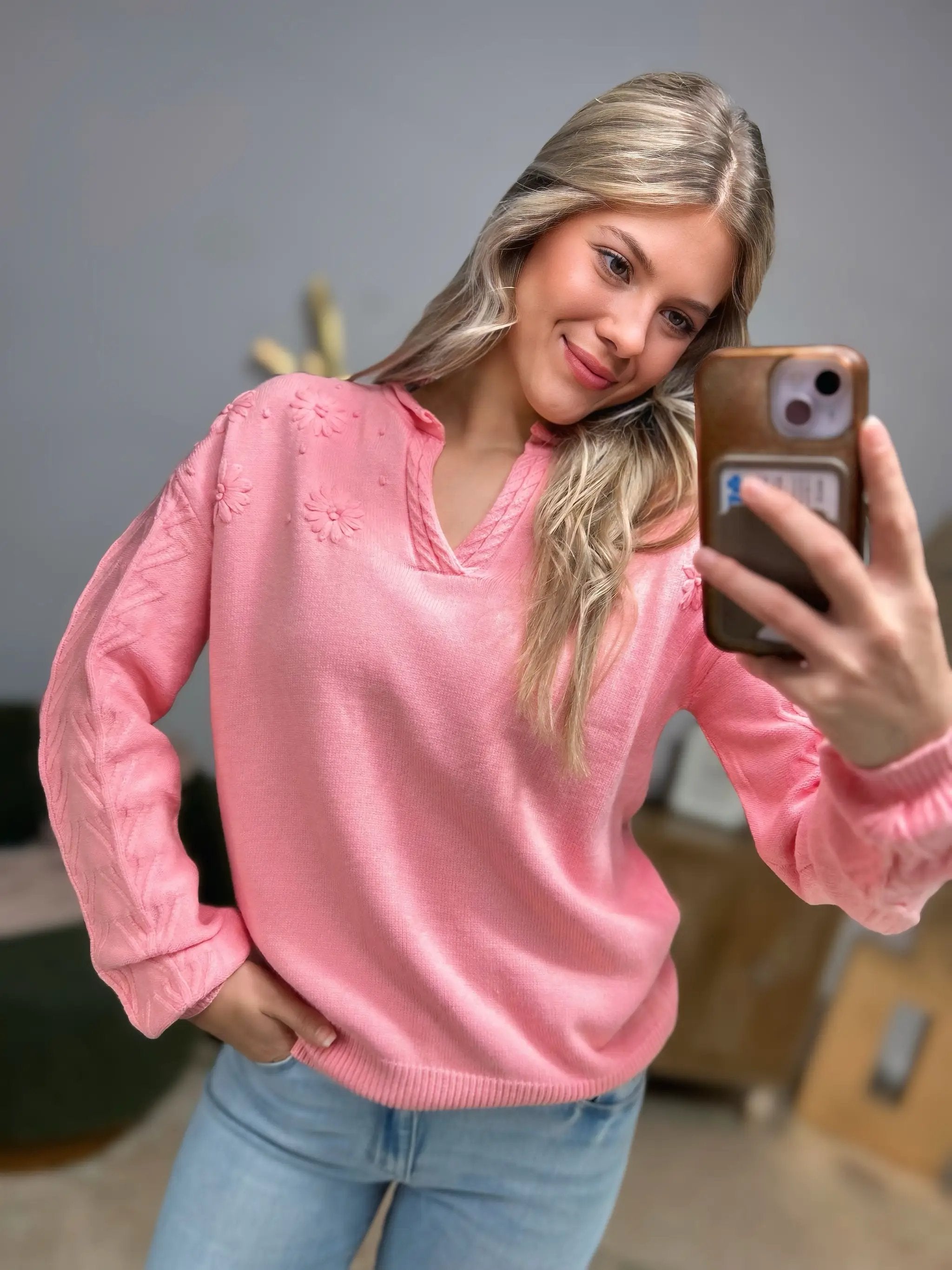 1 the Woman Peach Blossom Bloom Notched Neck Knit Sweater - Sweaters Peach Blossom Flower Detail Knitted Notched Neck Sweater