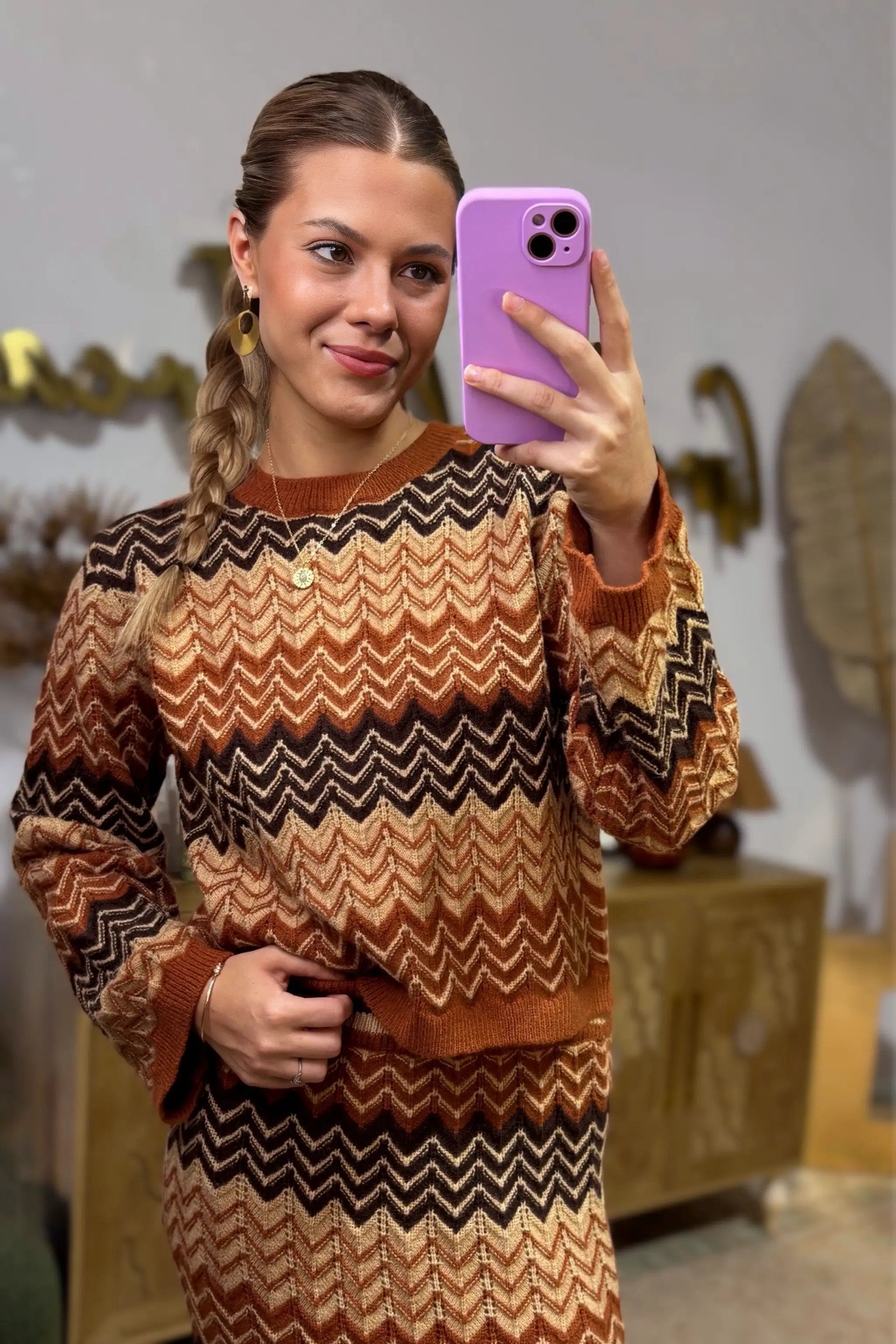 So Me Autumn Aura Chevron Knit Skirt Set - Outfit Sets Chevron sweater skirt set