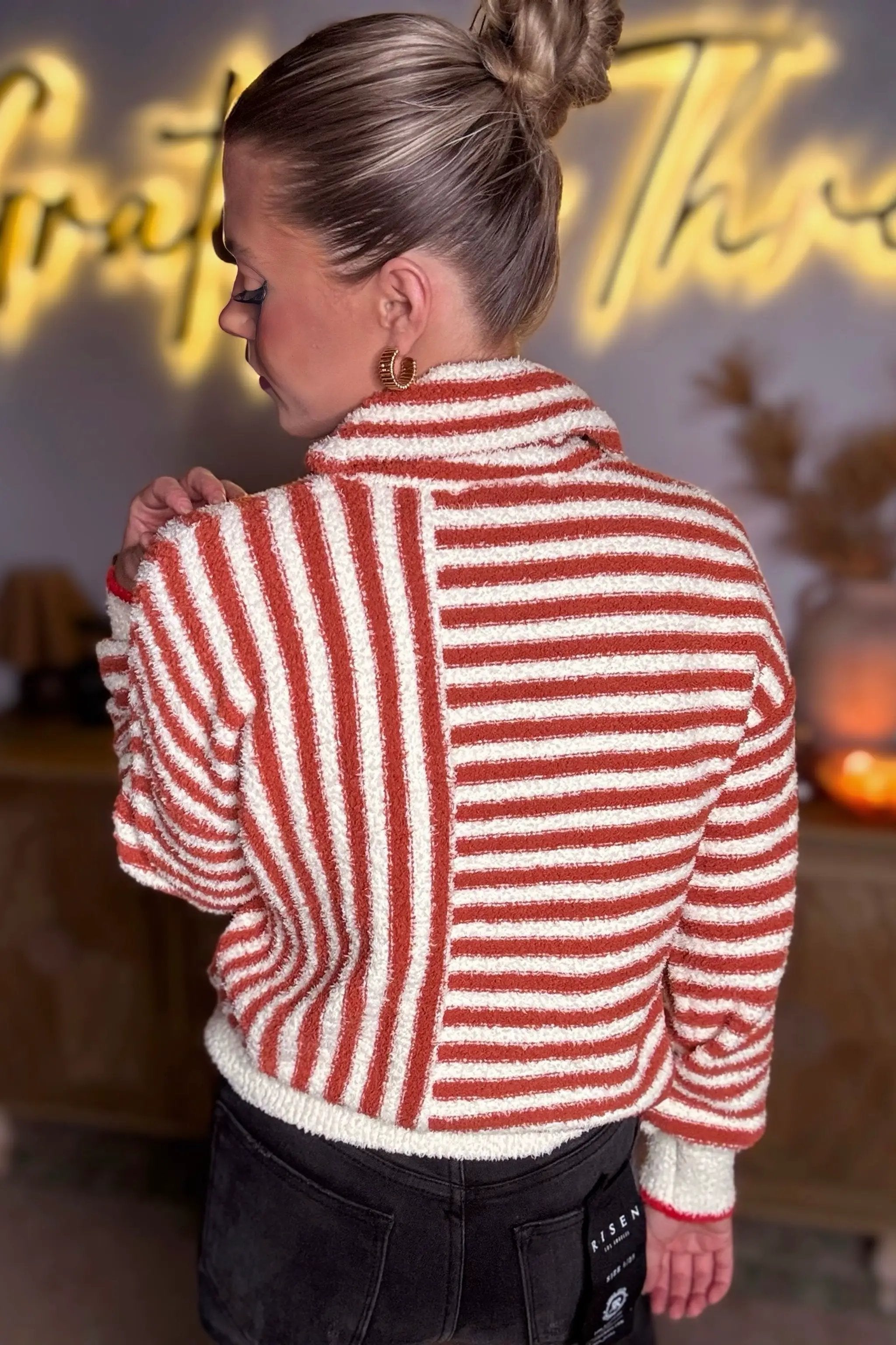 Grateful Threads Boutique Pumpkin Stripe Cowl Neck Sweater - Sweaters Orange Stripe Cowl Neck Drop Shoulder Sweater