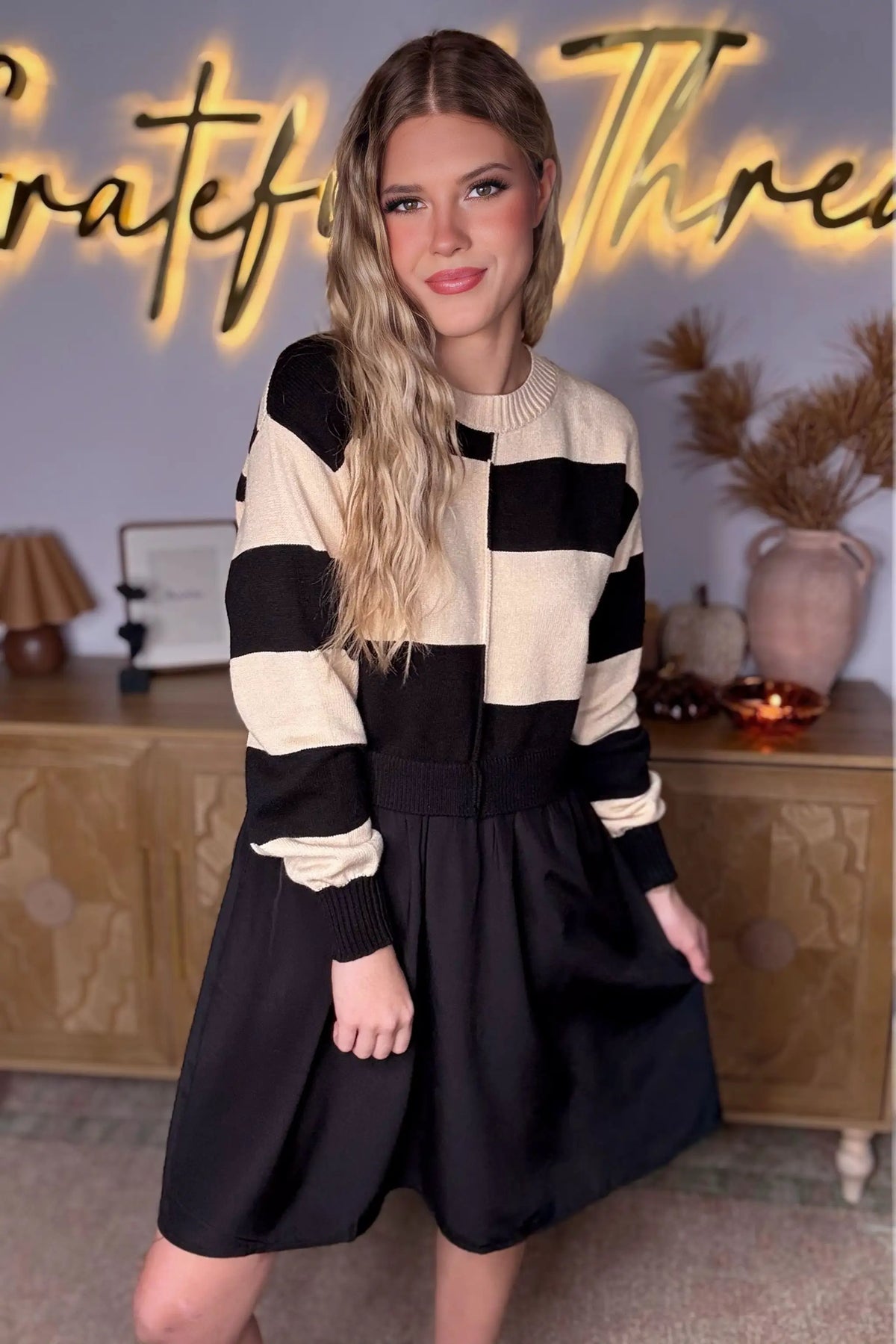 Grateful Threads Boutique Black Stripe Two in One Knitted Top High Waist Splicing Hem Sweater Dress - Dresses Black Stripe Two in One Knitted Top High Waist Splicing Hem Sweater Dress