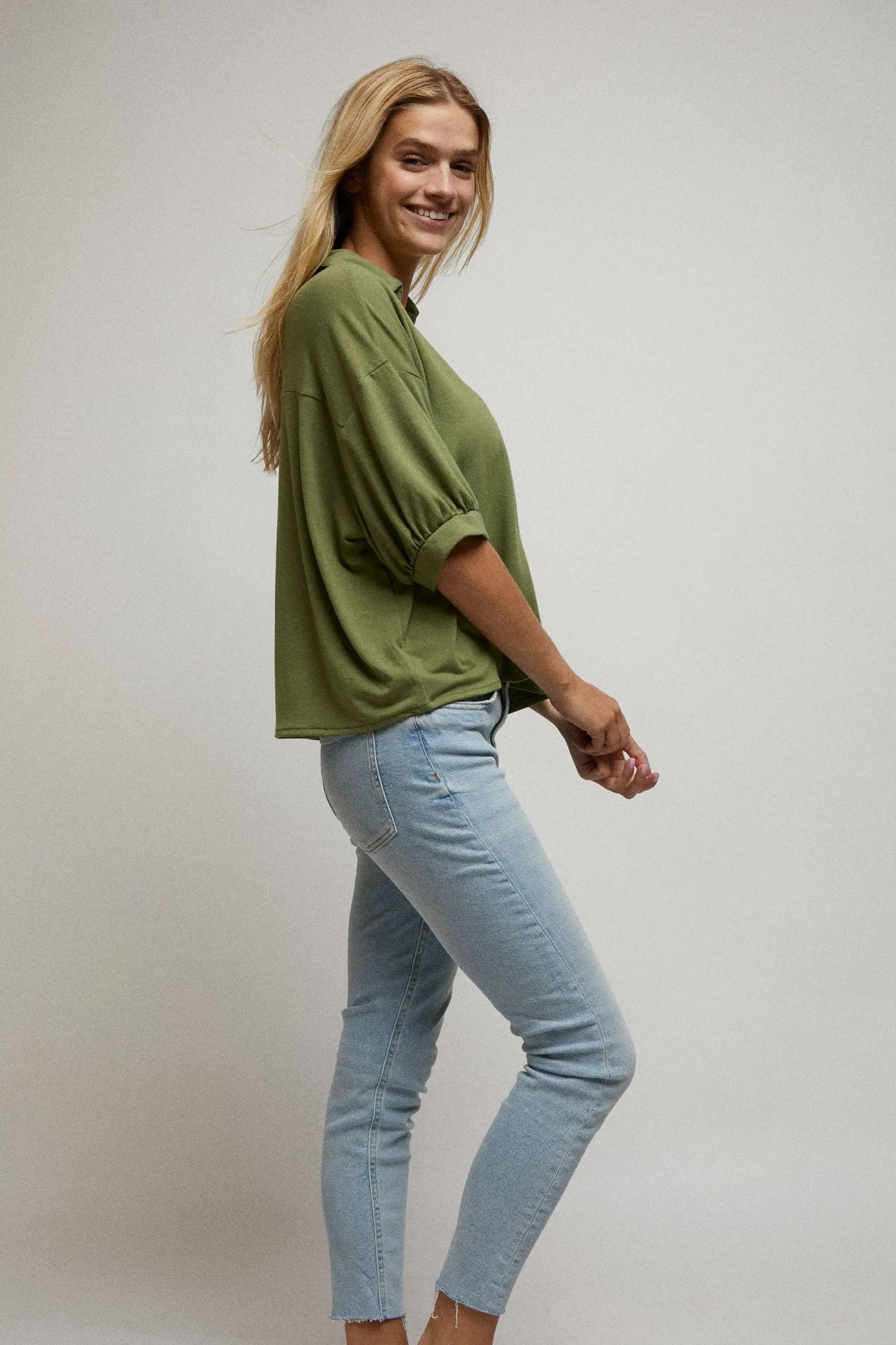 Cerule Elbow Sleeves W/Rhinstone Button Down Crop Shirt - Shirts