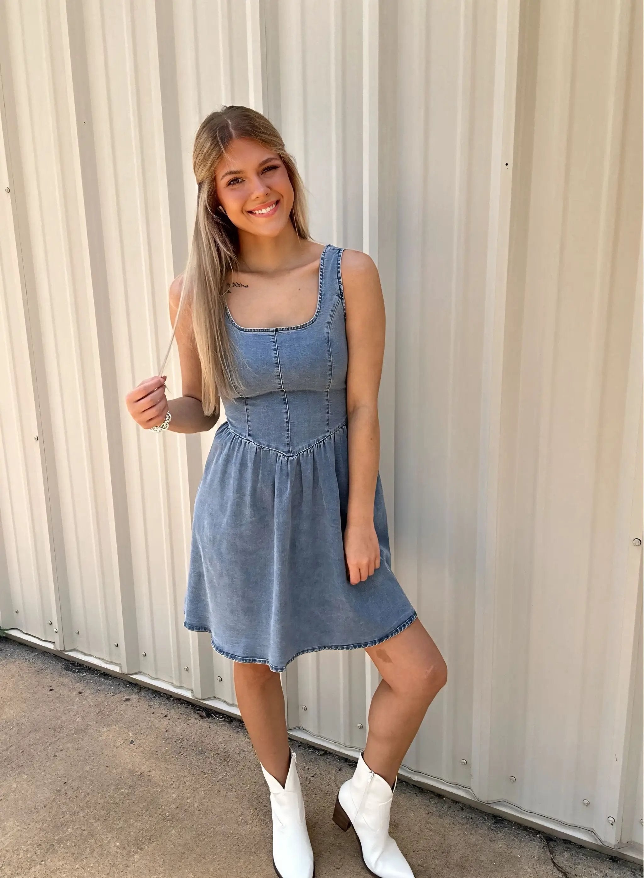 Grateful Threads Boutique Chambray Square Neck Bowknot A-line Sleeveless Denim Dress - Dresses Myosotis Square Neck Bowknot A-line Sleeveless Denim Dress