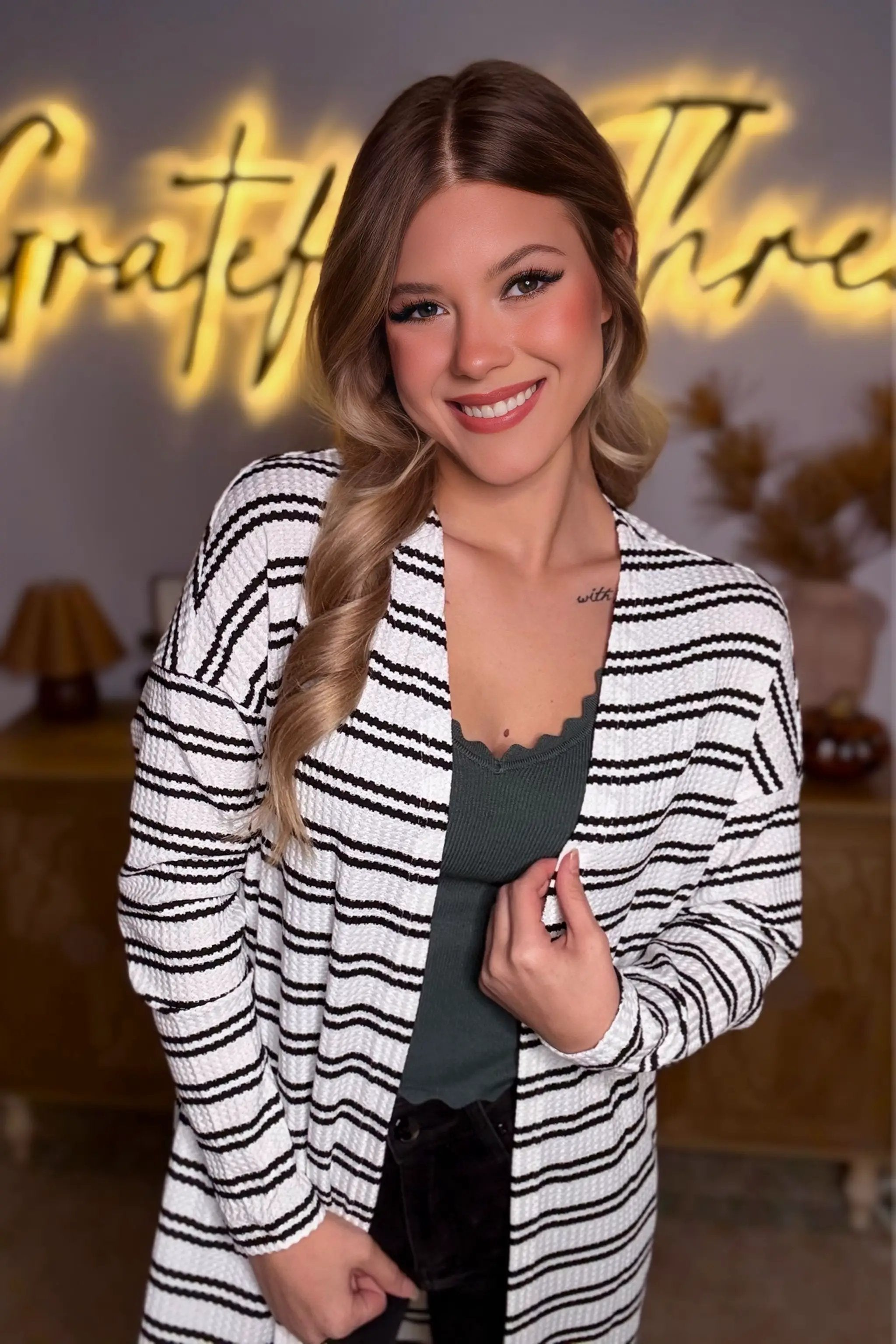 Grateful Threads Boutique Black Stripe Print Open Front Duster Cardigan - Cardigans Black Stripe Print Open Front Duster Cardigan