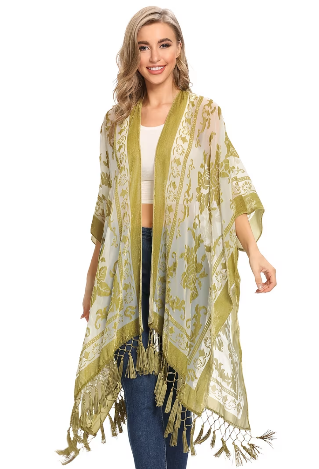 Three Bird Nest Crushin' On You Velvet Kimono shawl in ivory/olive with gold floral pattern and fringe tassels
