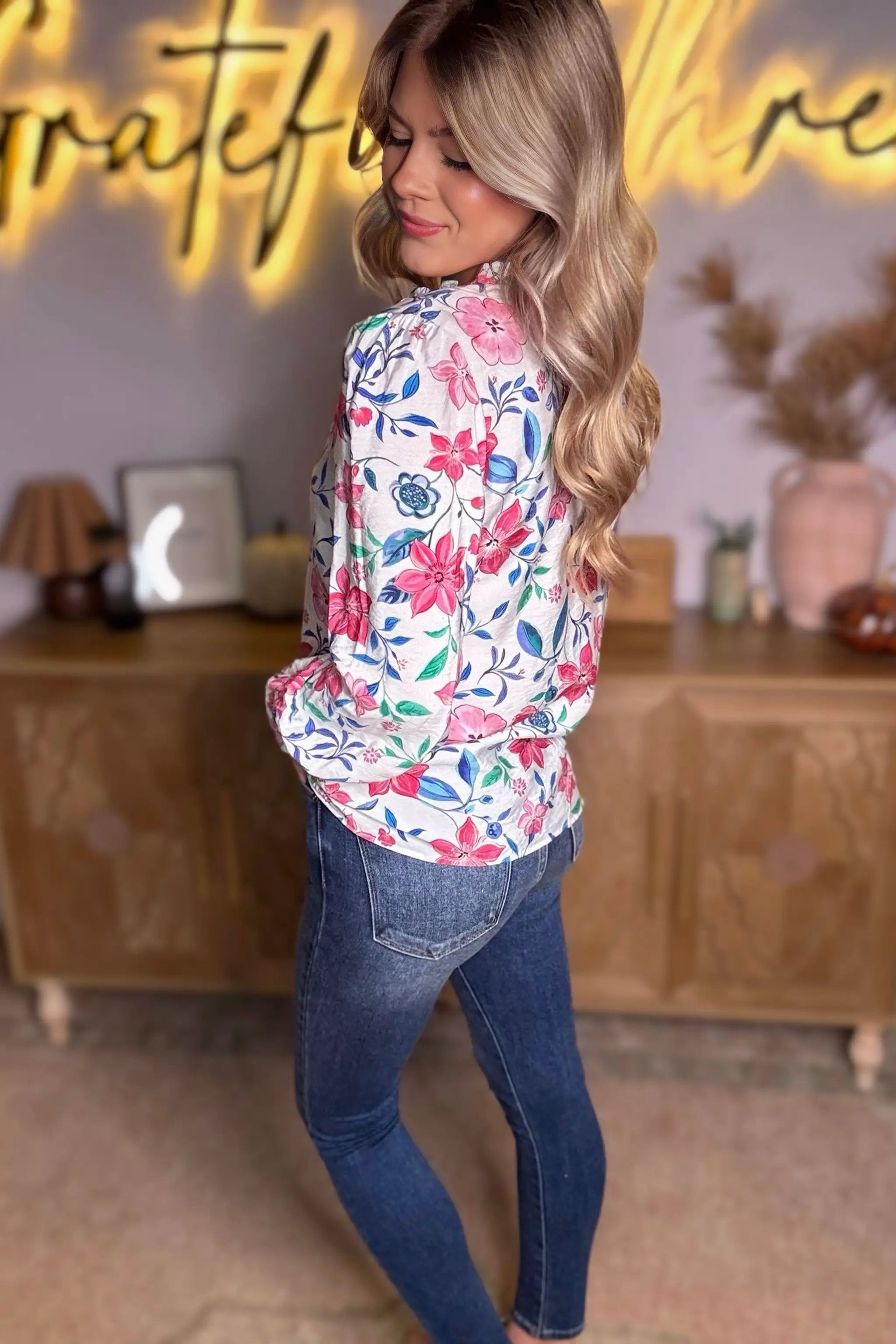 Grateful Threads Boutique Pink Floral Print Lace Detail Button-up Long Sleeve Shirt - Shirts Pink Floral Print Lace Detail Button-up Long Sleeve Shirt
