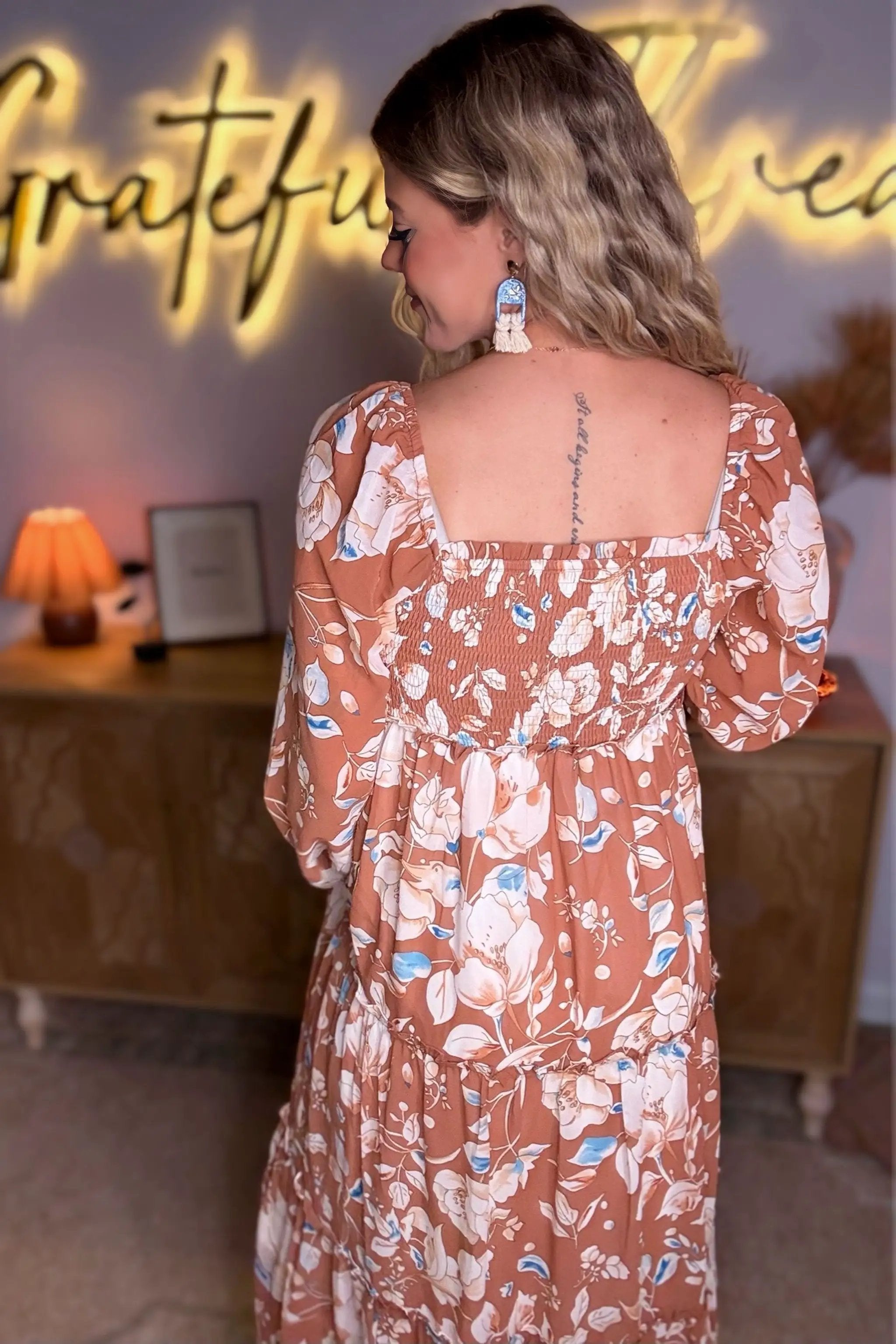 Grateful Threads Boutique Brown Floral Print High Waist Maxi Dress - Dresses