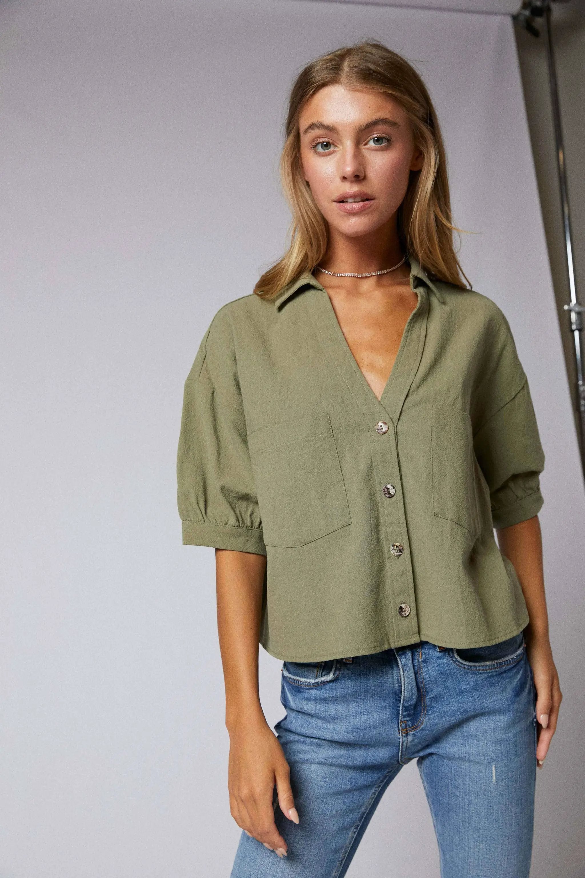Cerule Elbow Sleeves Button Down 2 Pocket Crop Shirt - Shirts