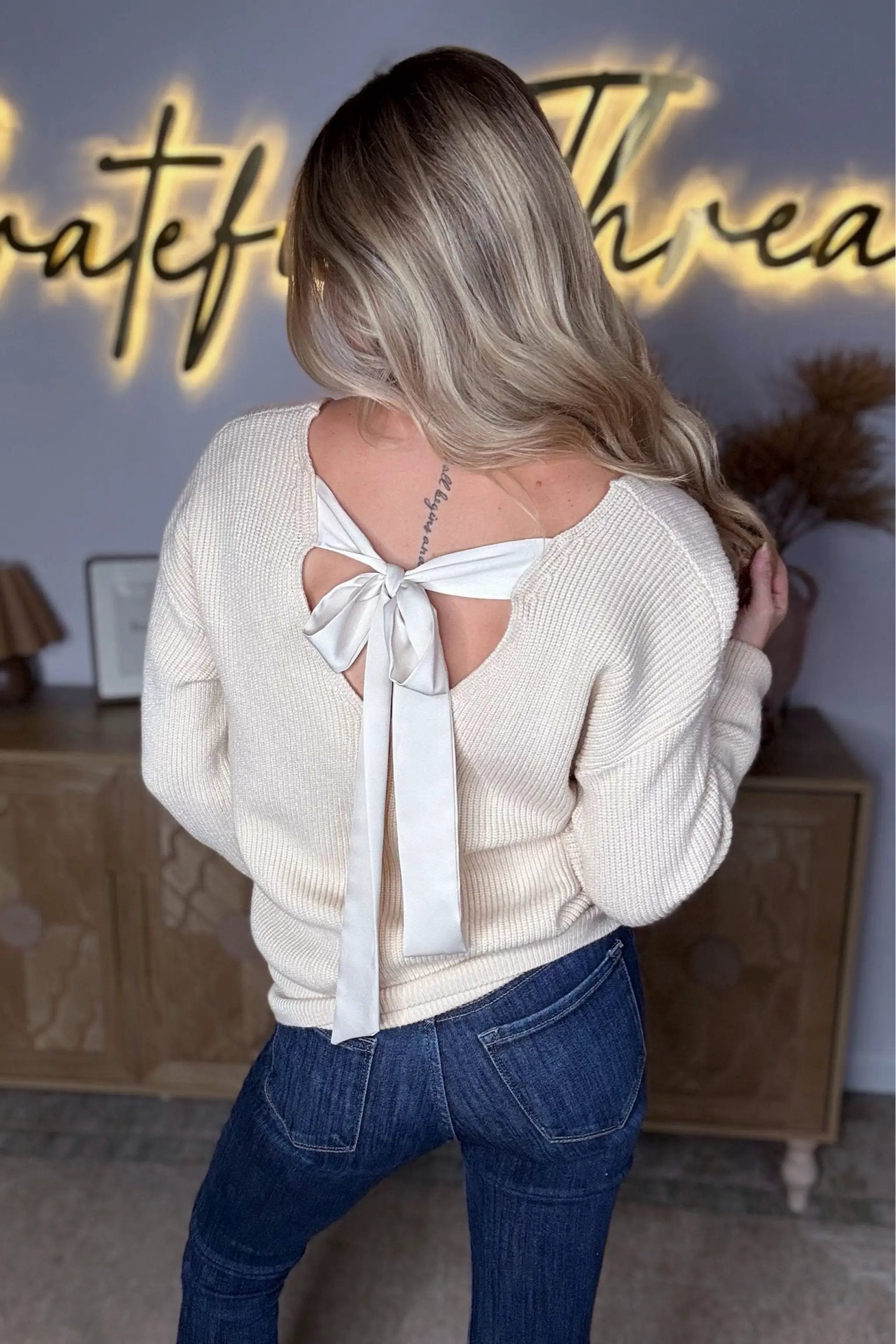 Grateful Threads Boutique Apricot Lantern V-Neck Knot Back Sweater - Sweaters
