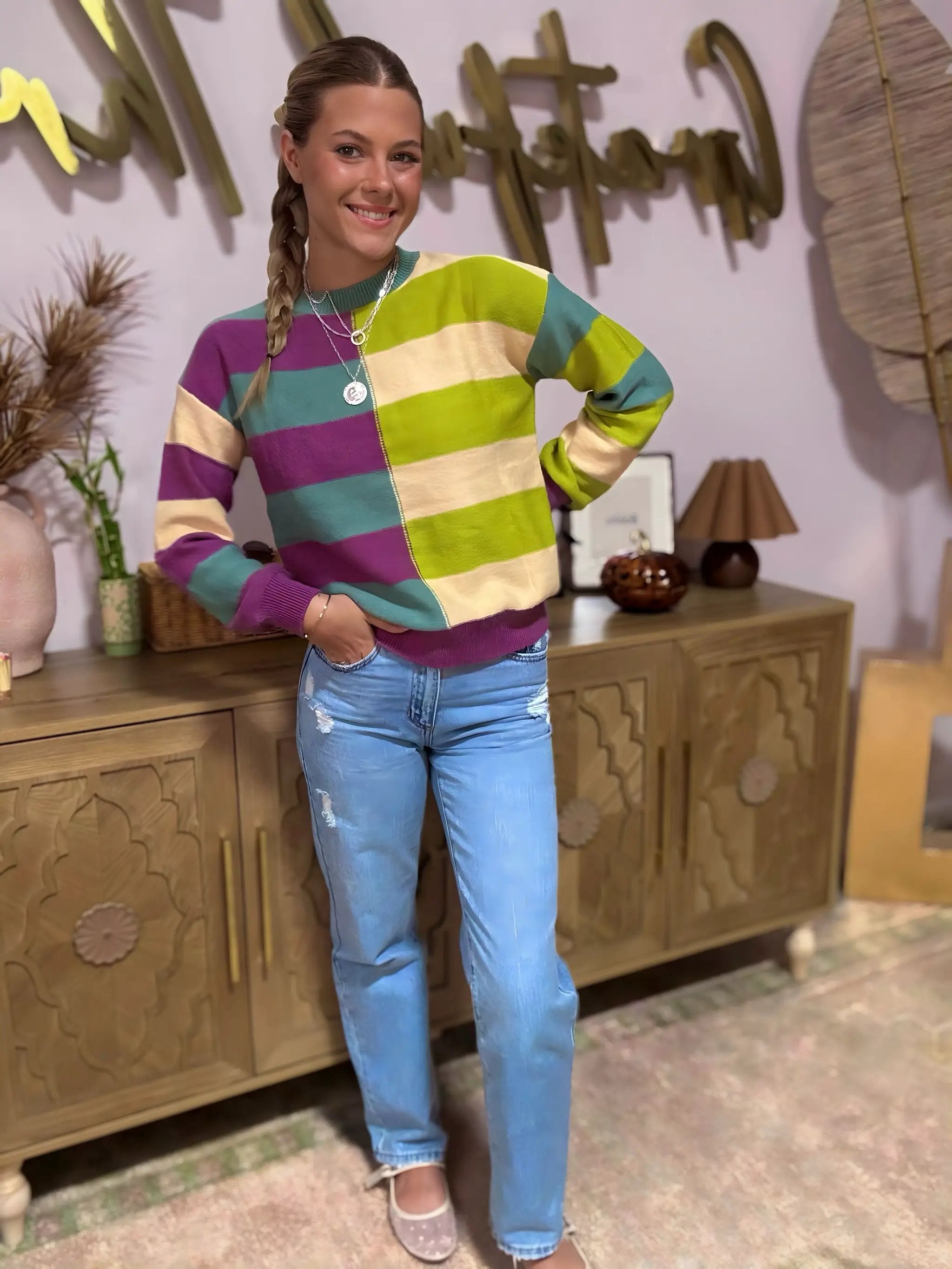 Grateful Threads Boutique Green Stripe Drop Shoulder Ribbed Edge Casual Sweater - Sweaters Green Stripe Drop Shoulder Ribbed Edge Casual Sweater