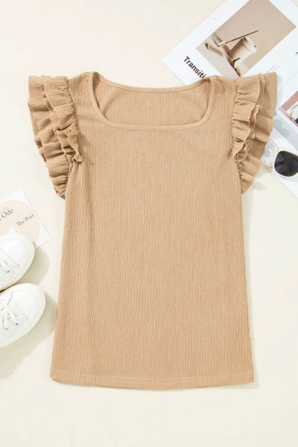 Light mocha textured square neck top with ruffled tiered sleeves and ribbed knit fabric for a slim fit.