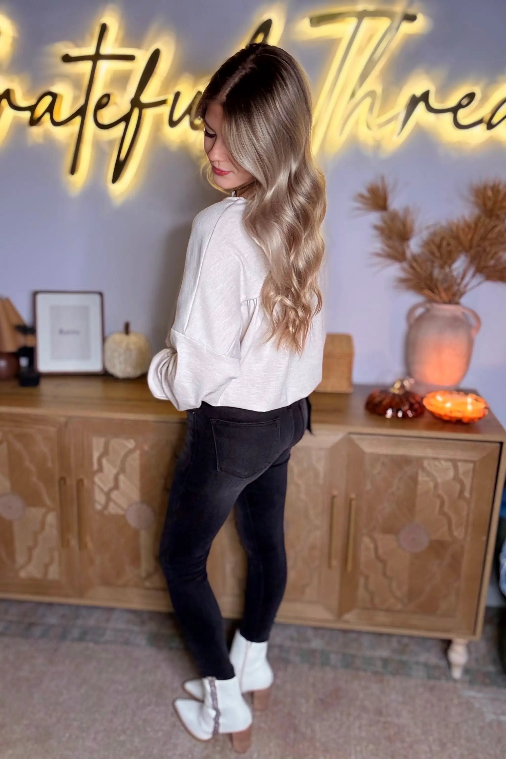 Grateful Threads Boutique Driftwood Dreams Drop Shoulder Top - Sweaters Jet Stream Textured Pleated Drop Shoulder Long Sleeve Knit Top