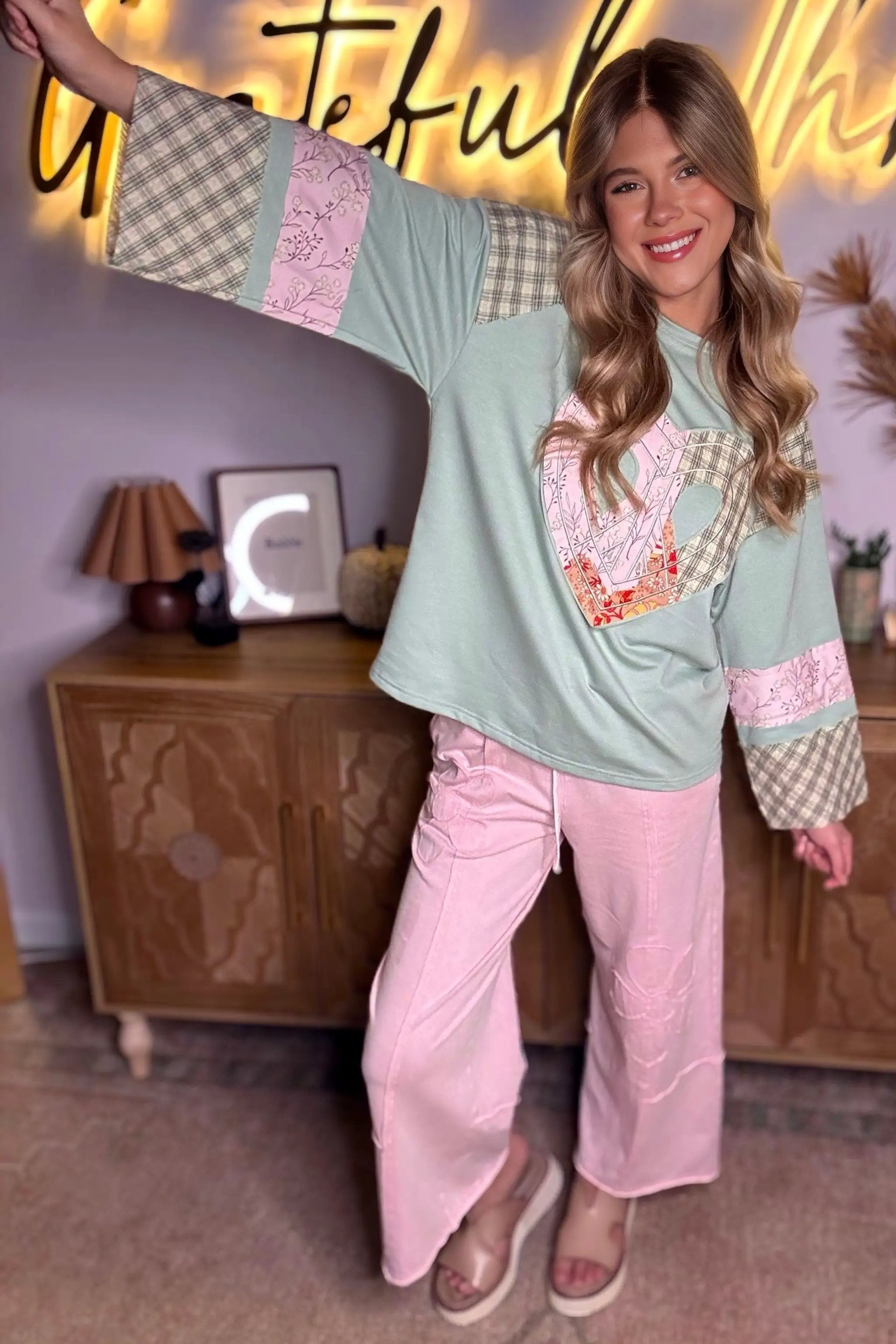 Grateful Threads Boutique Aqua Plaid Floral Peace Heart Graphic Wide Top - Blouses
