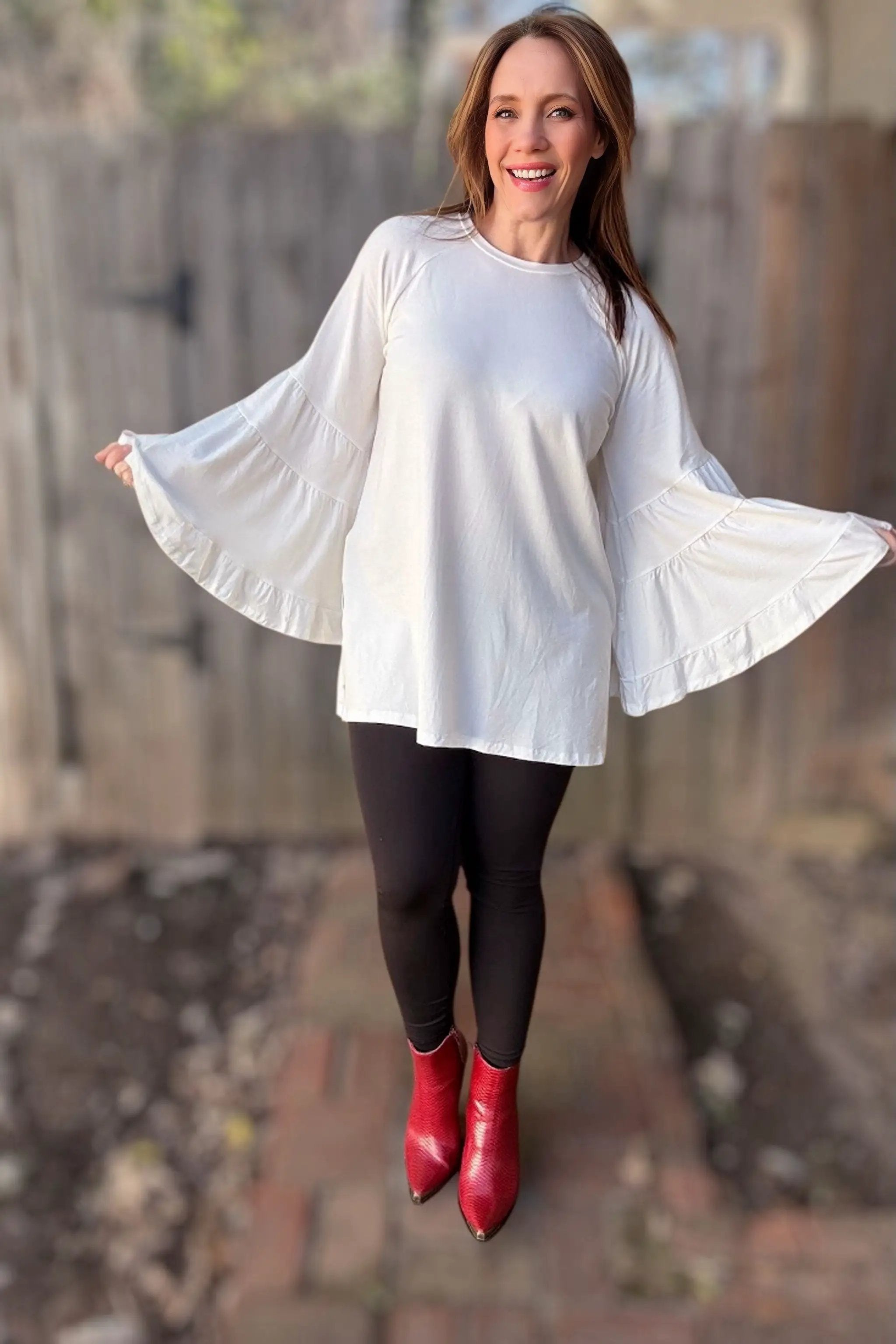 Three Bird Nest Three Bird Nest - Bell Sleeve Baseball Tee - White - Blouses tops-blouses
