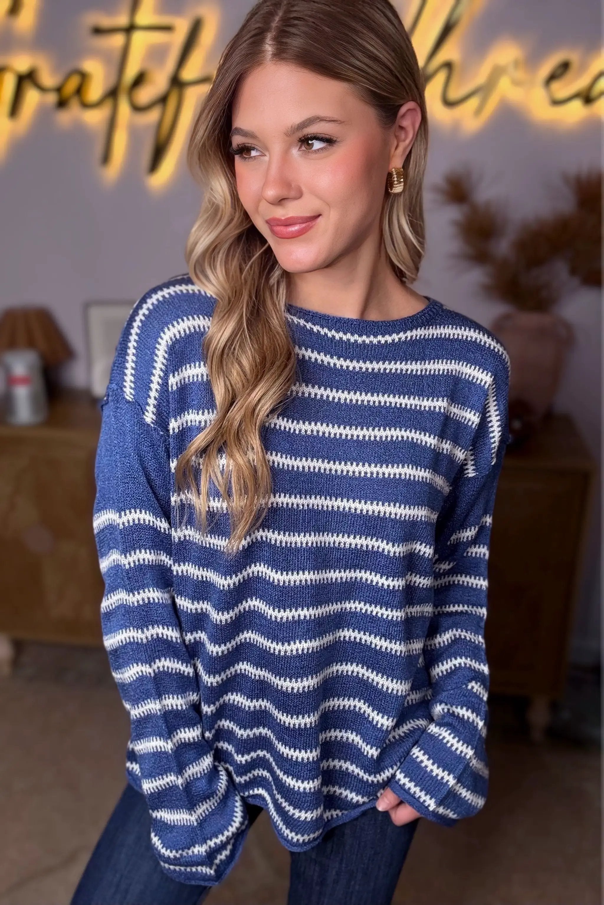 Grateful Threads Boutique Blue Striped Drop Shoulder Sweater - Shirts