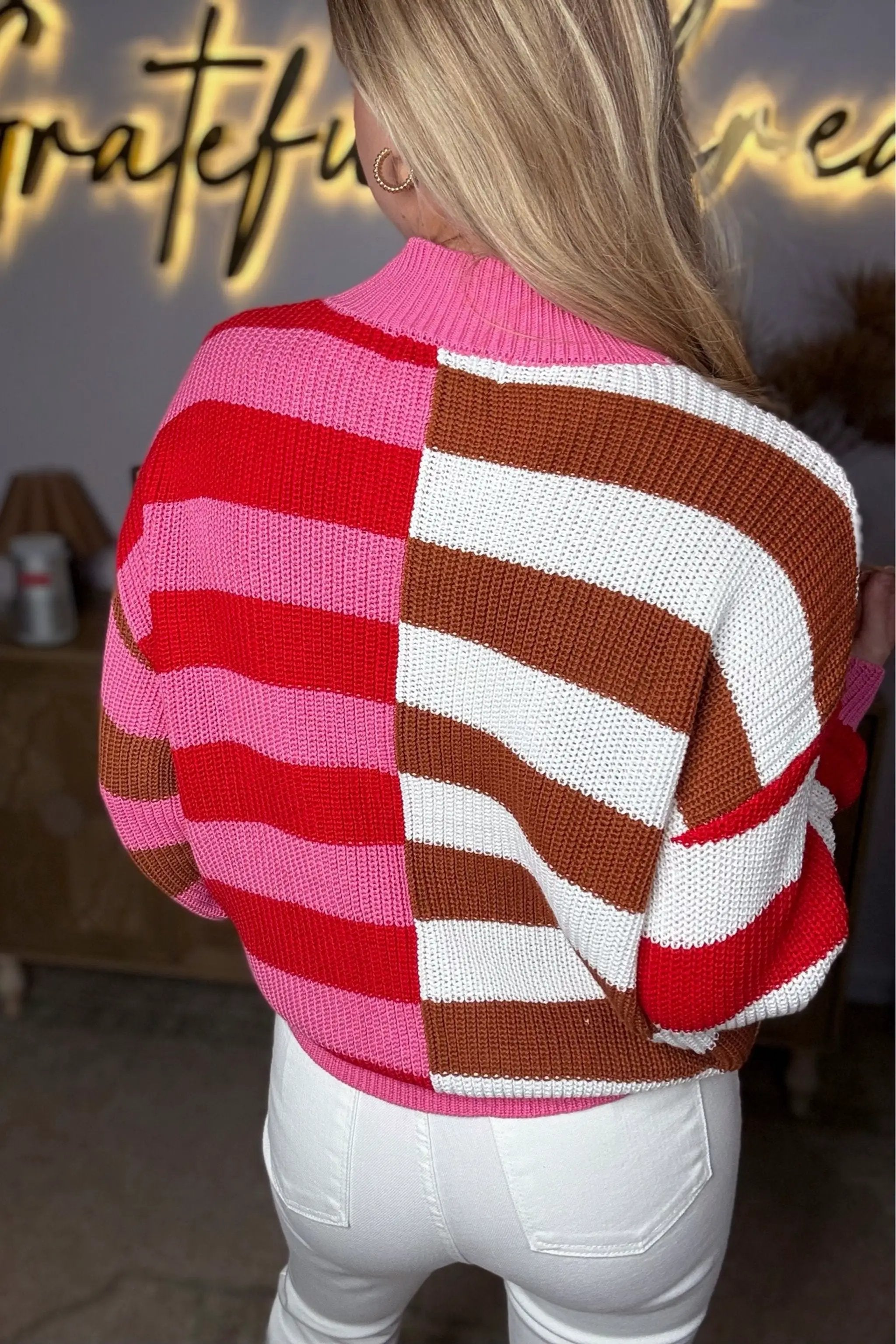 Grateful Threads Boutique Pink Stripe Color Block High Neck Drop Shoulder Loose Sweater - Sweaters Pink Stripe Color Block High Neck Drop Shoulder Loose Sweater