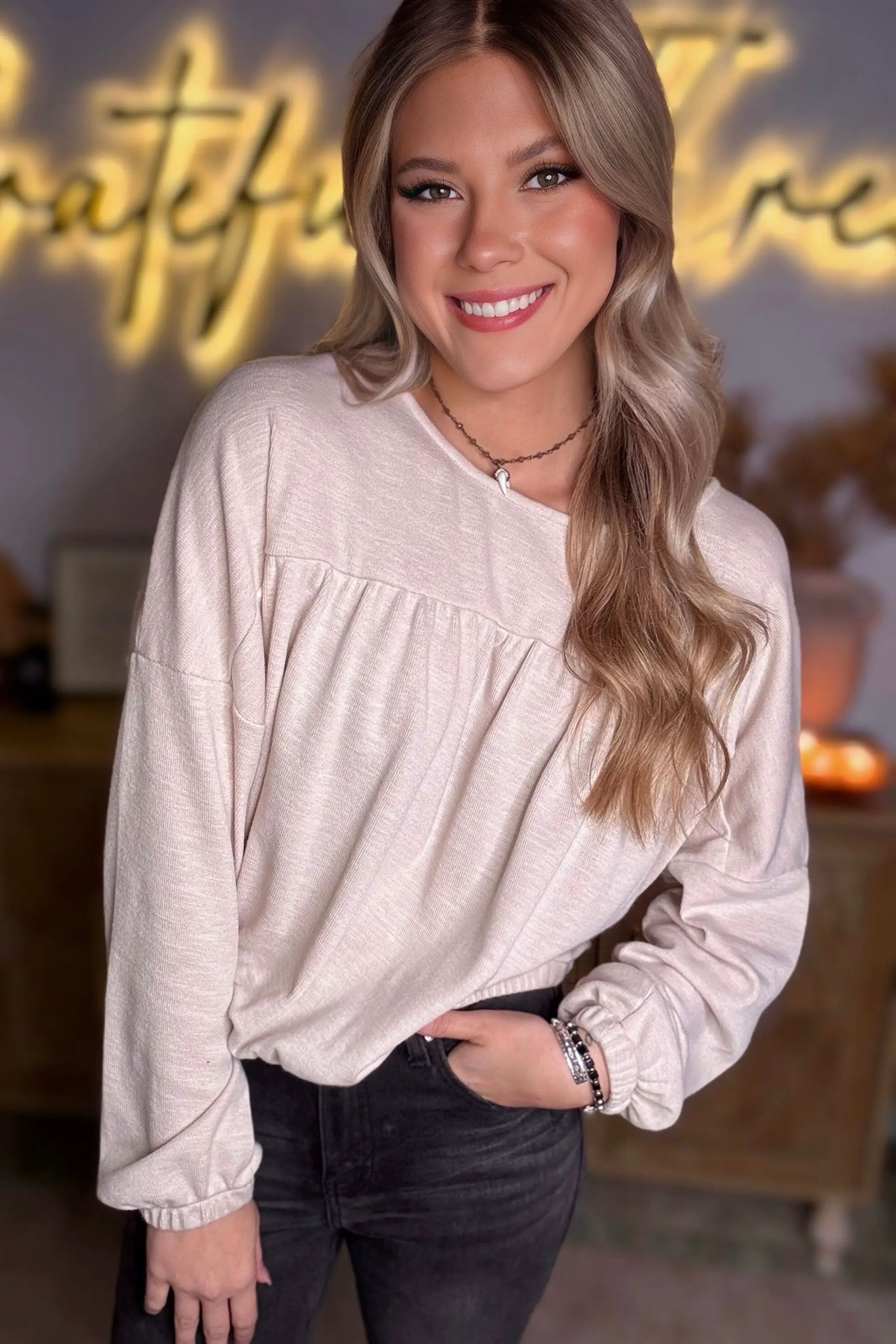 Grateful Threads Boutique Driftwood Dreams Drop Shoulder Top - Sweaters Jet Stream Textured Pleated Drop Shoulder Long Sleeve Knit Top