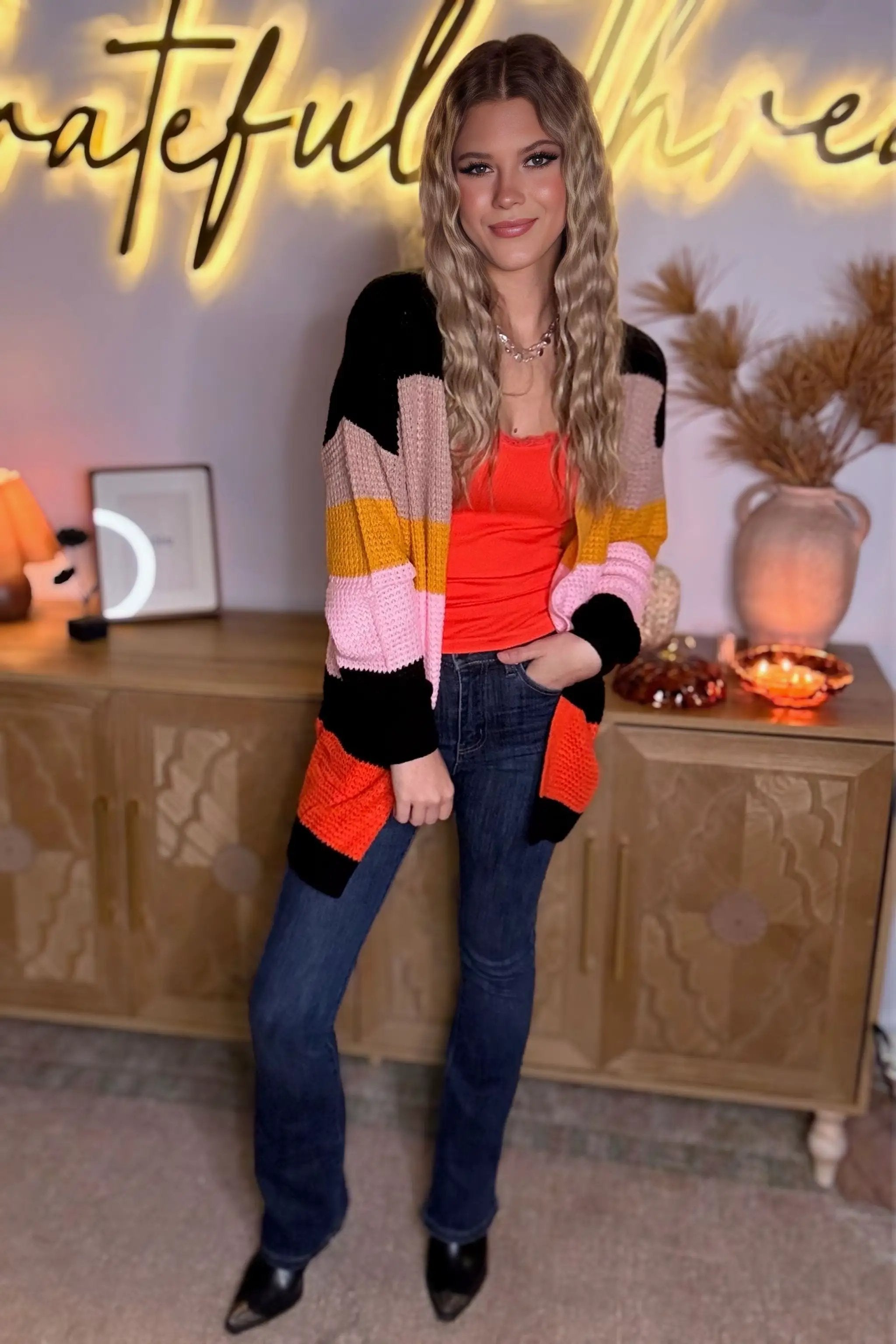 Grateful Threads Boutique Multicolor Waffle Knit Color Block Open Front Cardigan - Cardigans Multicolor Waffle Knit Color Block Open Front Cardigan