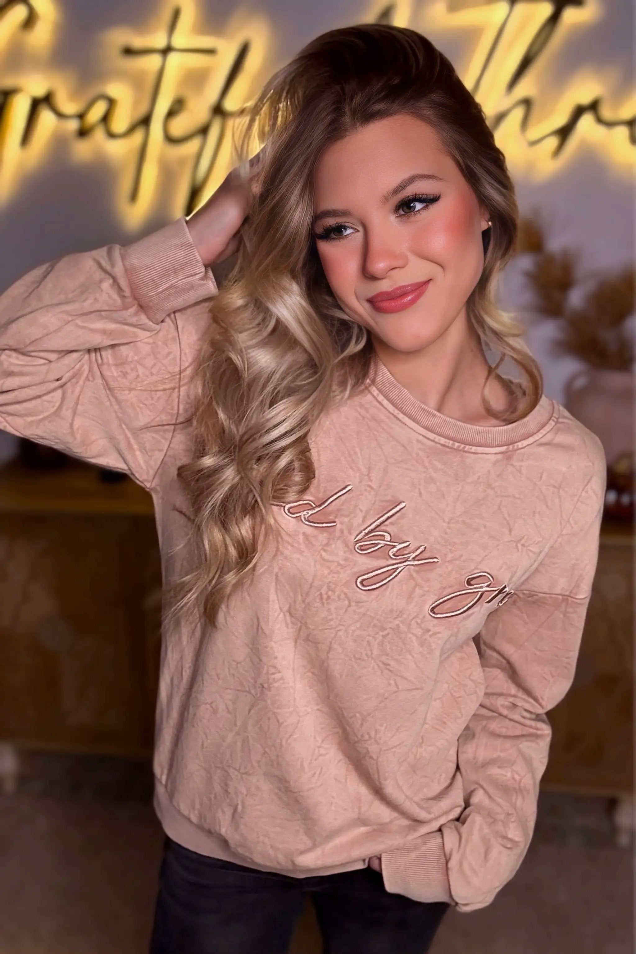 Grateful Threads Boutique “Saved By Grace” Letter Embroidery Mineral Wash Loose Sweatshirt - Sweatshirts DUNE saved by grace Letter Embroidery Mineral Wash Loose Sweatshirt