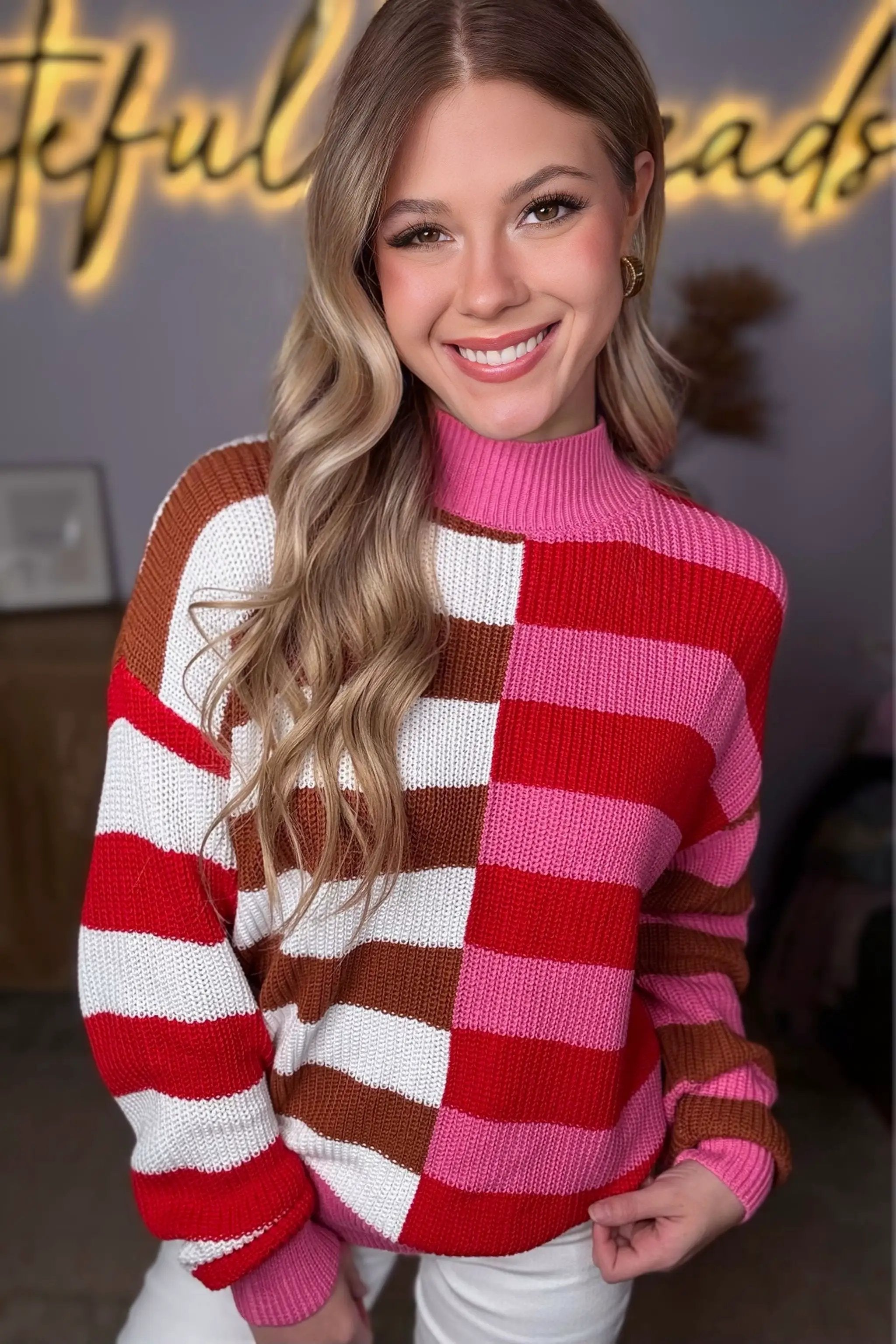 Grateful Threads Boutique Pink Stripe Color Block High Neck Drop Shoulder Loose Sweater - Sweaters Pink Stripe Color Block High Neck Drop Shoulder Loose Sweater