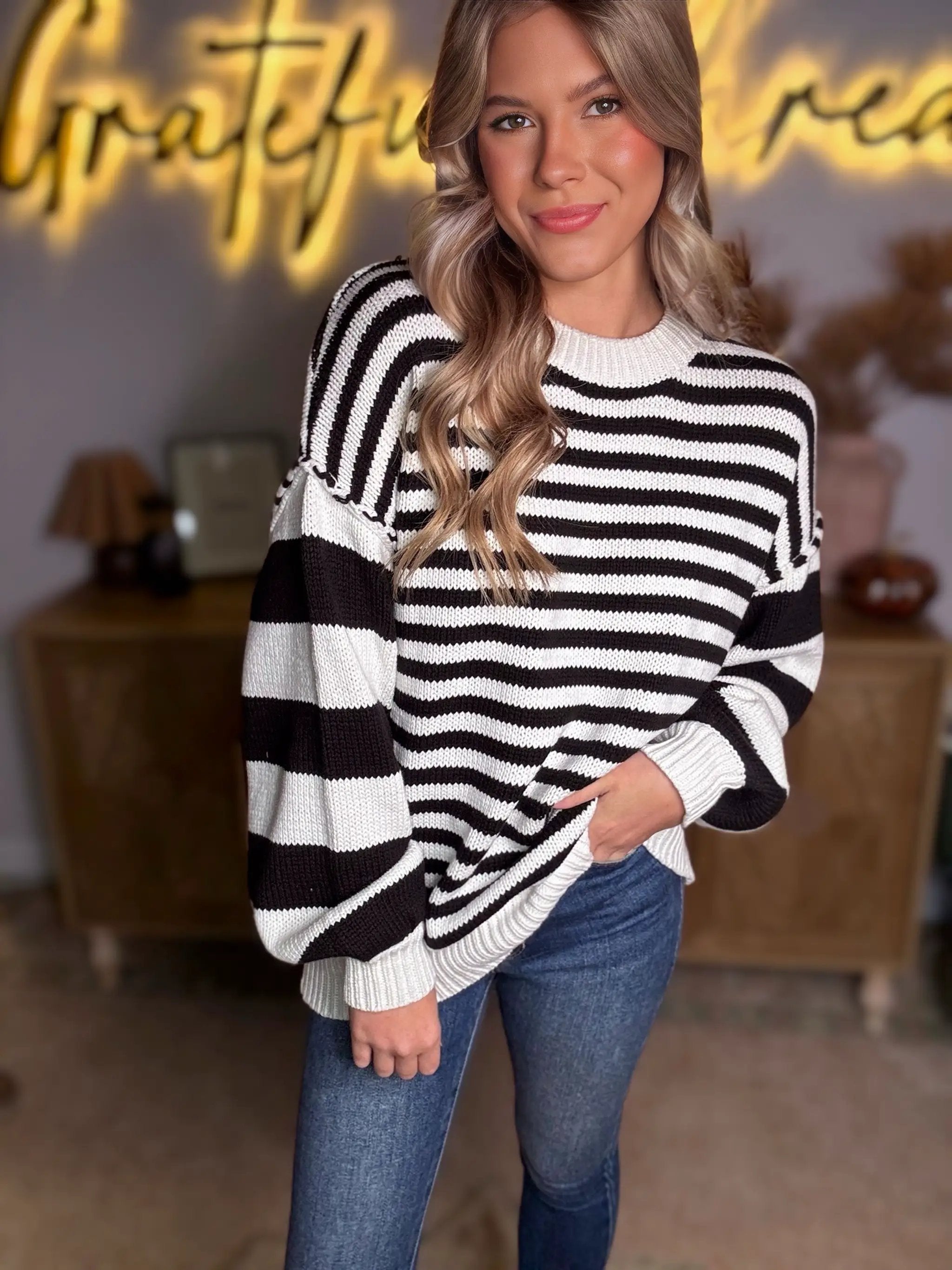 Grateful Threads Boutique Black white Striped Drop Shoulder Bishop Sleeve Knit Sweater - Sweaters Black white Striped Drop Shoulder Bishop Sleeve Knit Sweater