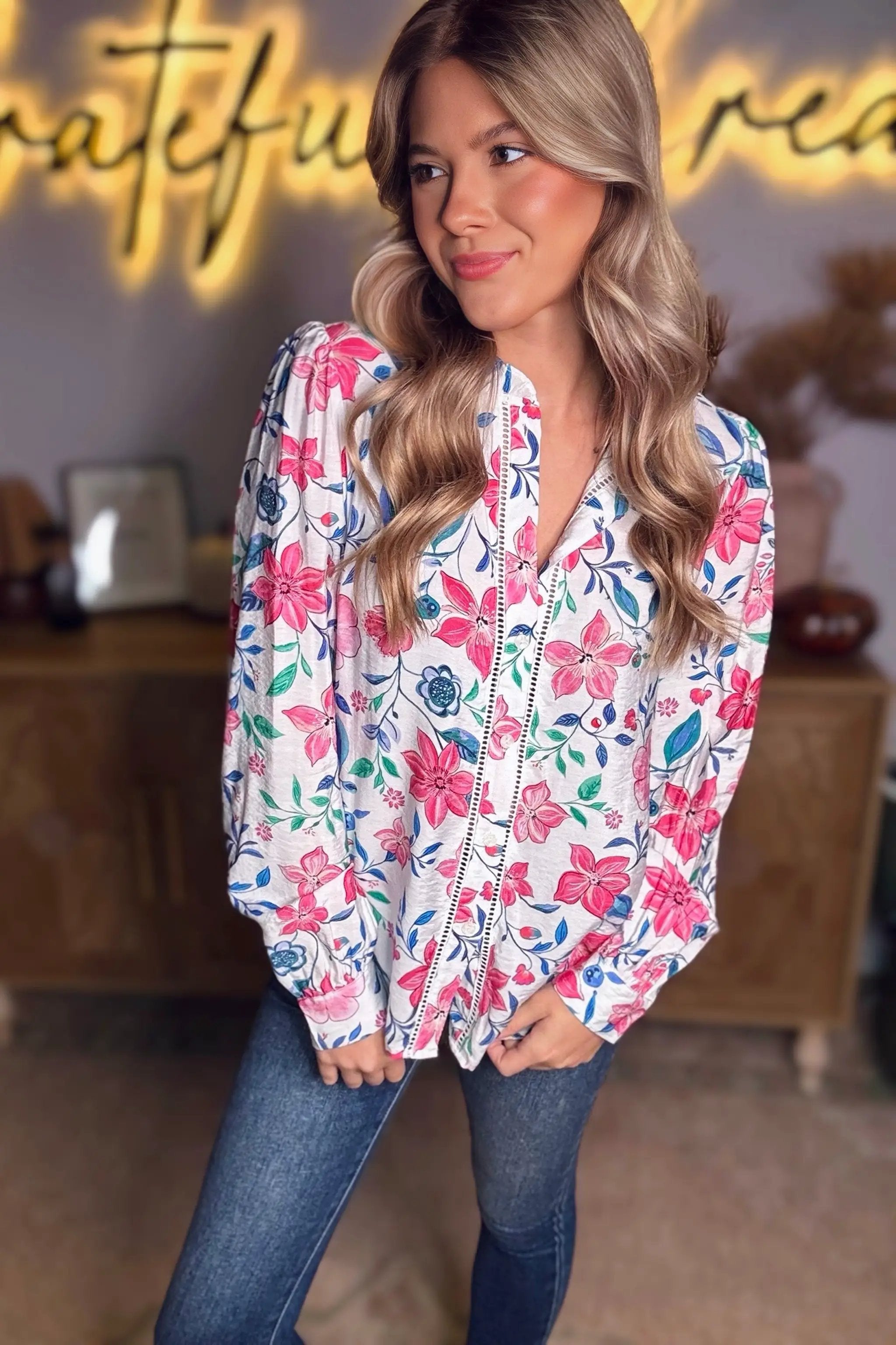 Grateful Threads Boutique Pink Floral Print Lace Detail Button-up Long Sleeve Shirt - Shirts Pink Floral Print Lace Detail Button-up Long Sleeve Shirt
