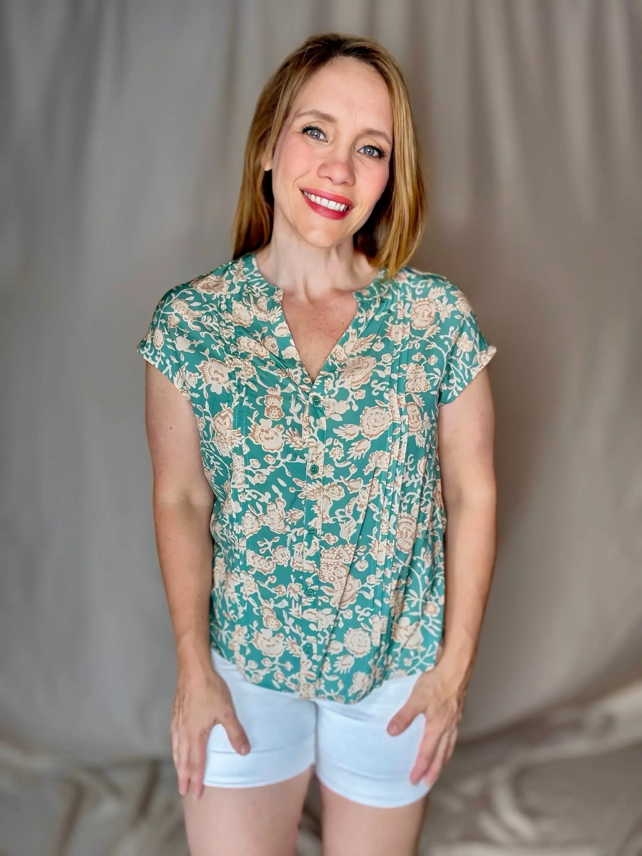 Grateful Threads Boutique Green Floral Print Pleated Buttoned V-Neck Short Sleeve Blouse - Blouses Green floral v neck short sleeve blouse