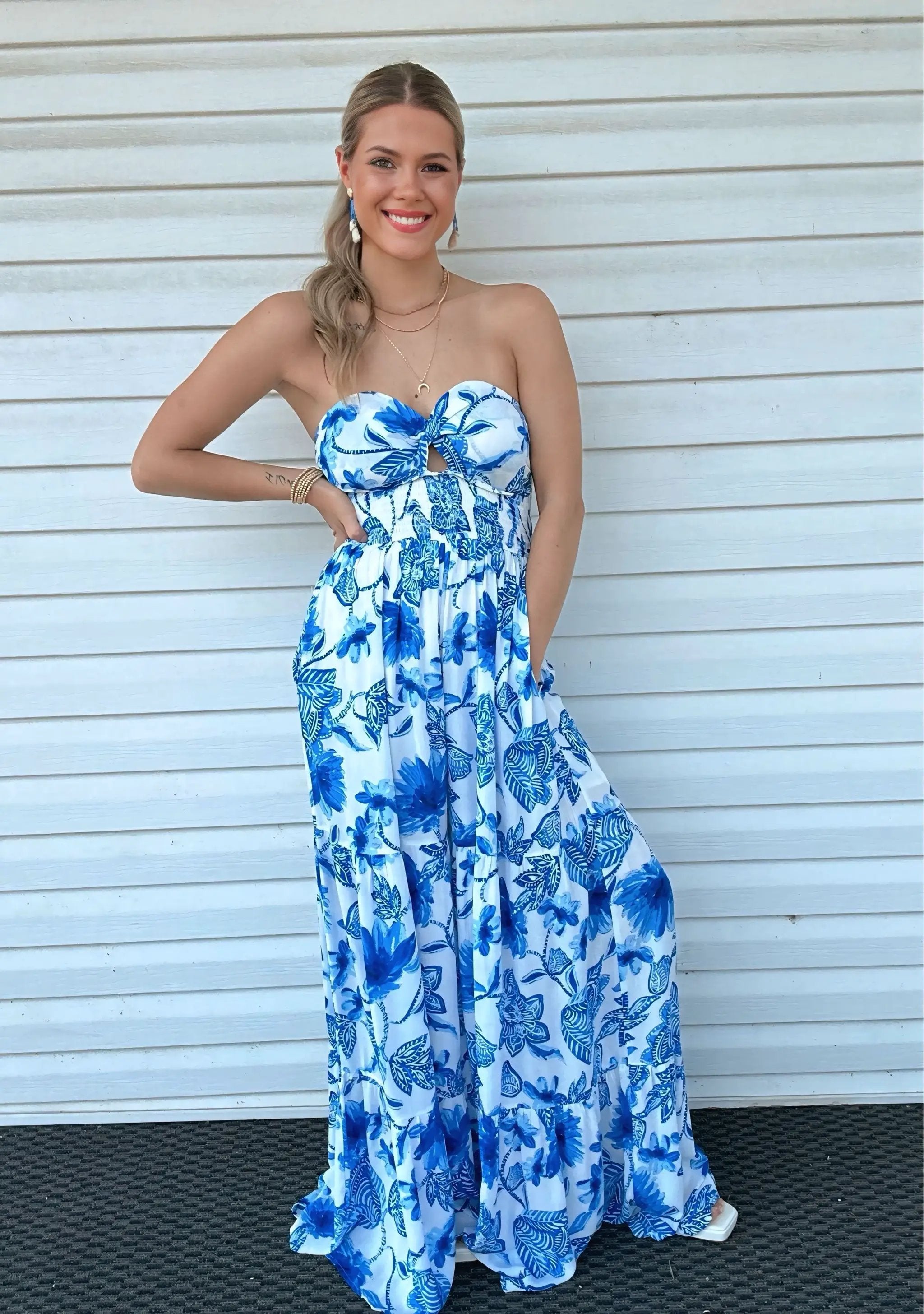 Promesa USA Cream & Blue Floral Crepe Strapless Wide-Leg Ruffle Jumpsuit - One-Pieces Promesa USA Cream & Blue Floral Crepe Strapless Wide-Leg Ruffle Jumpsuit