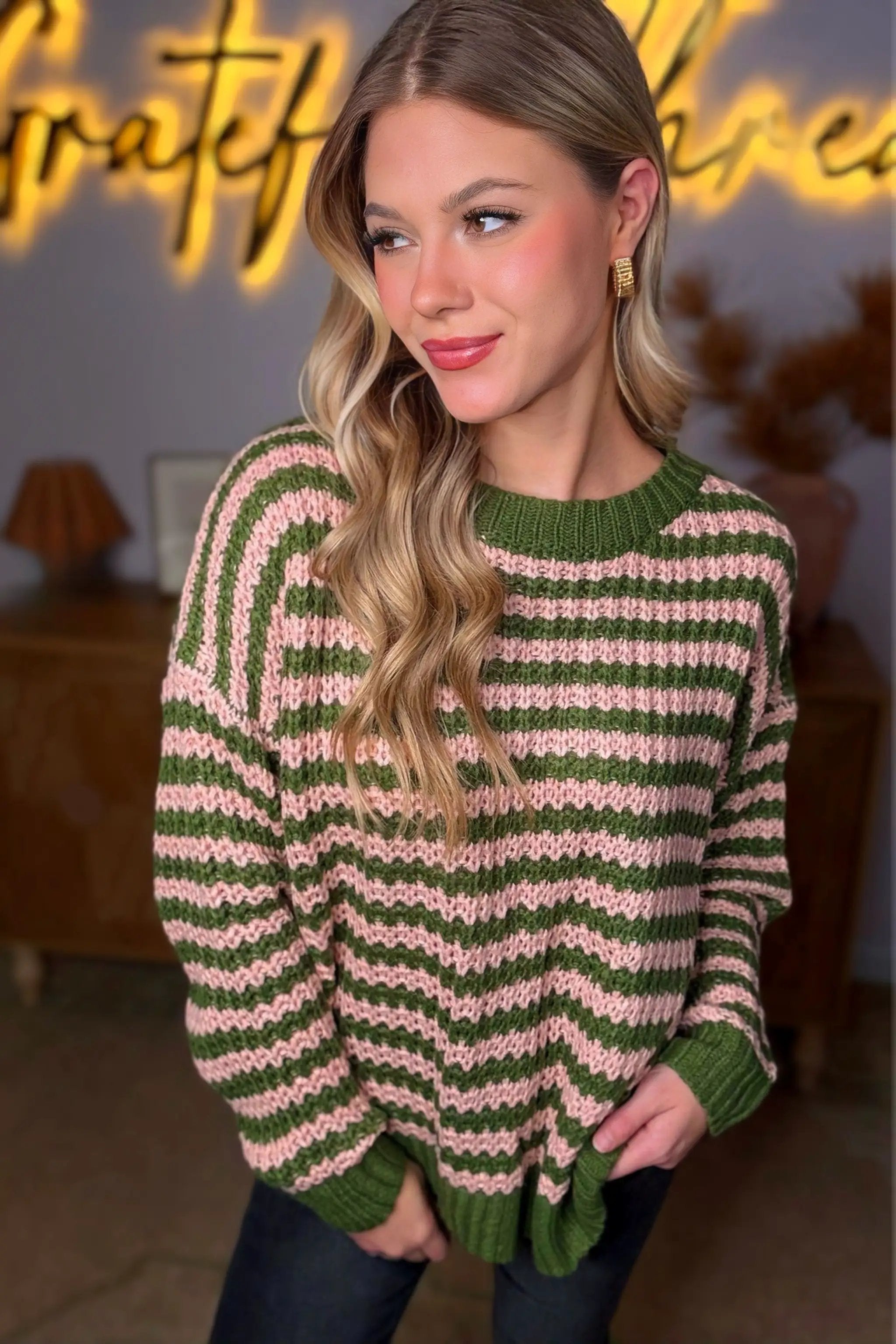 Hayden LA Hayden LA - Womens Striped Drop Shoulder Low Gauge Sweater: Olive & Pink Mix - Sweaters