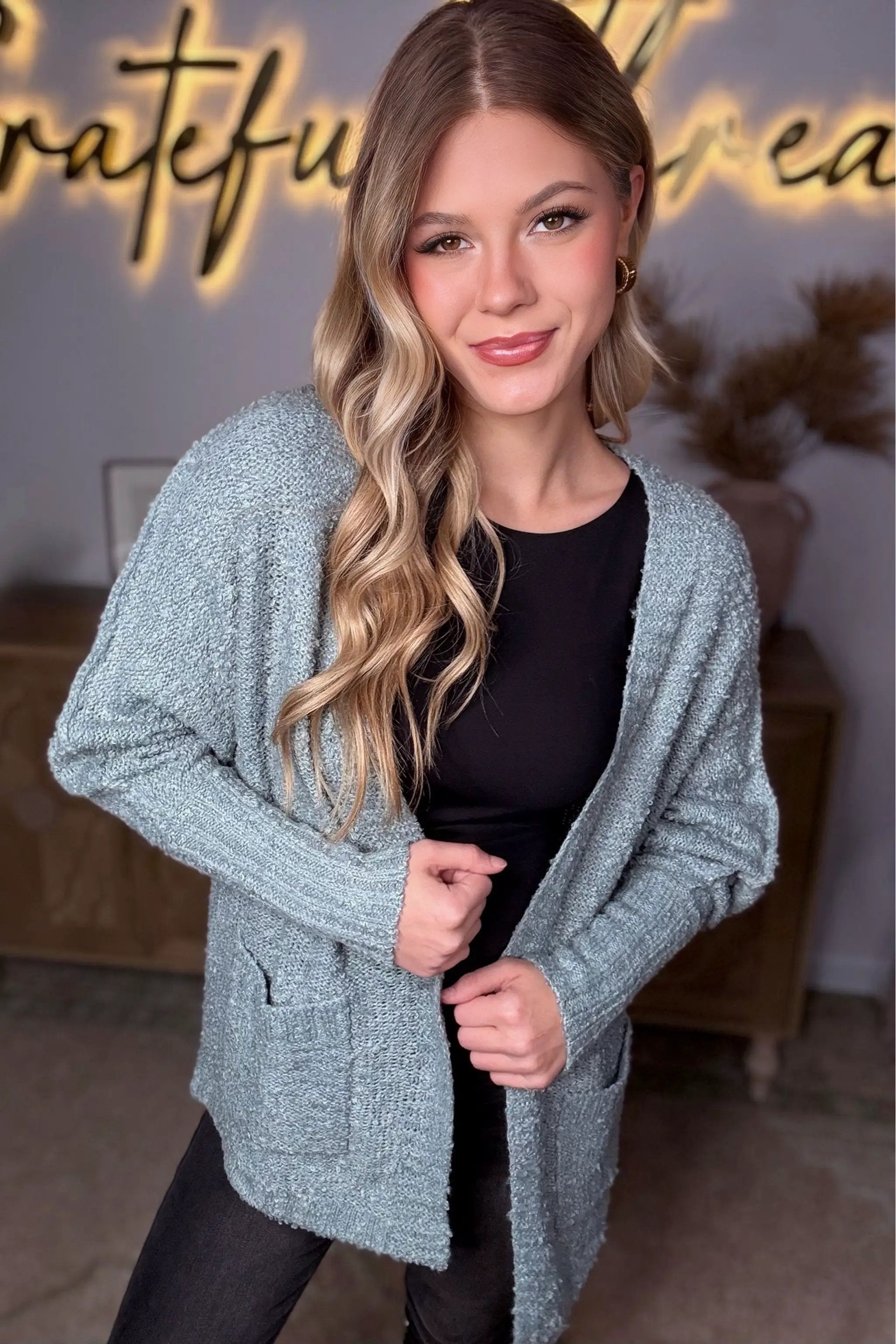 New In Knit Textured Two Pocket Open Front Cardigan - Cardigans
