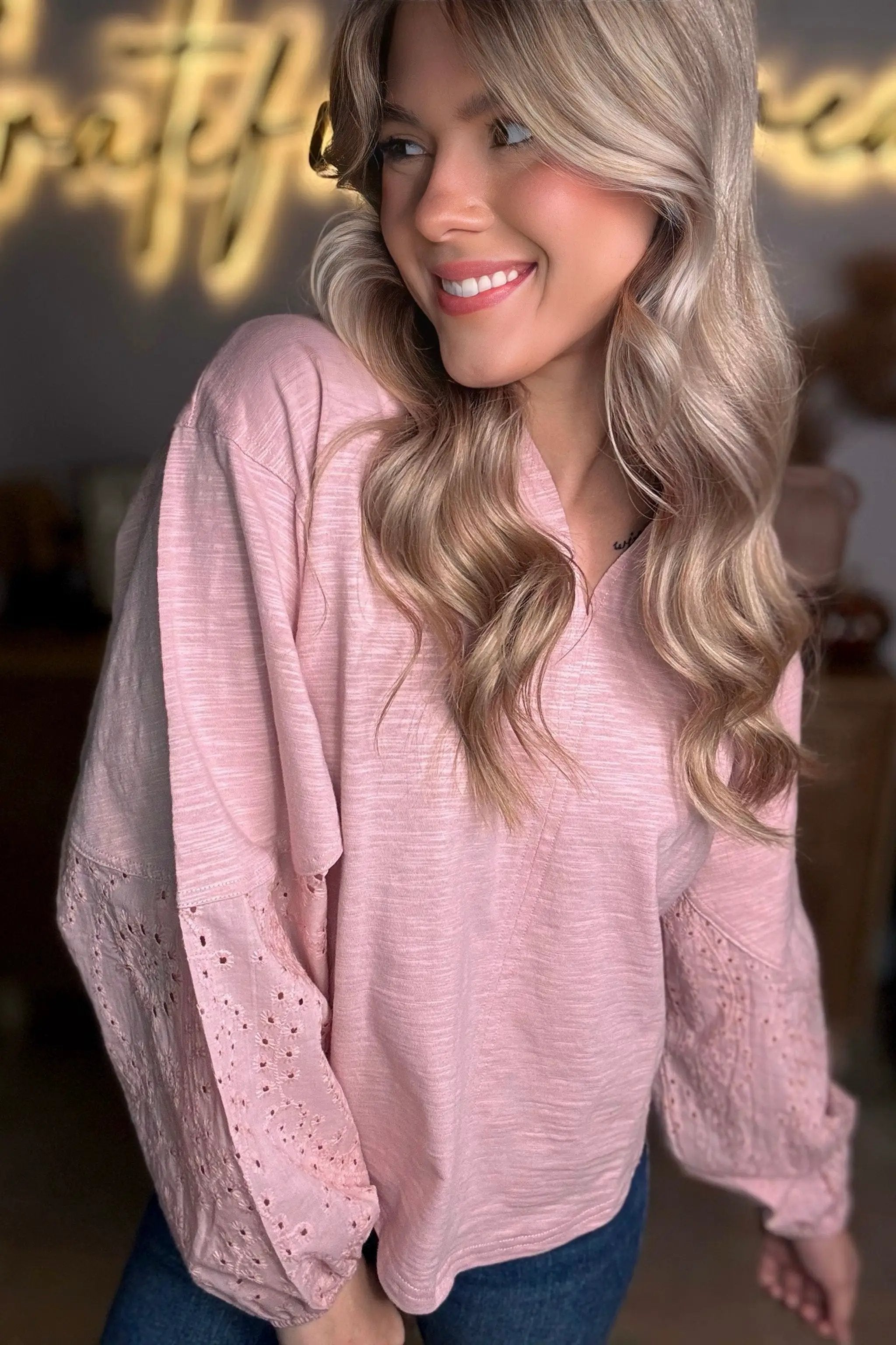 Grateful Threads Boutique Light Pink Keyhole V-Neck Batwing Sleeve Blouse – Trendy Casual Top - Blouses Light Pink Keyhole Notch V Neck Batwing Sleeve Blouse