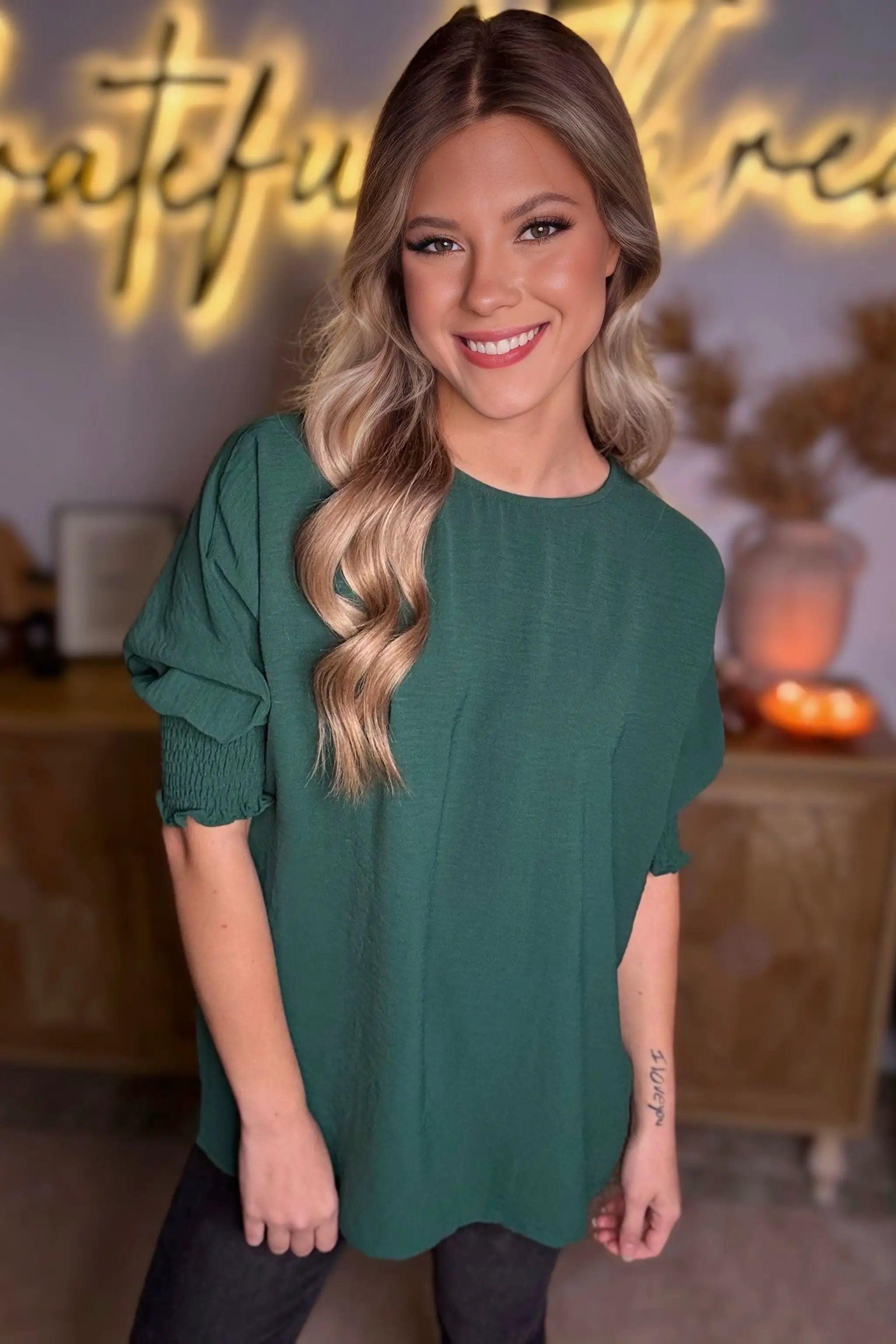Grateful Threads Boutique Emerald Ease Smocked Cuff Blouse - Blouses Green Smocked Wrist Shift Top