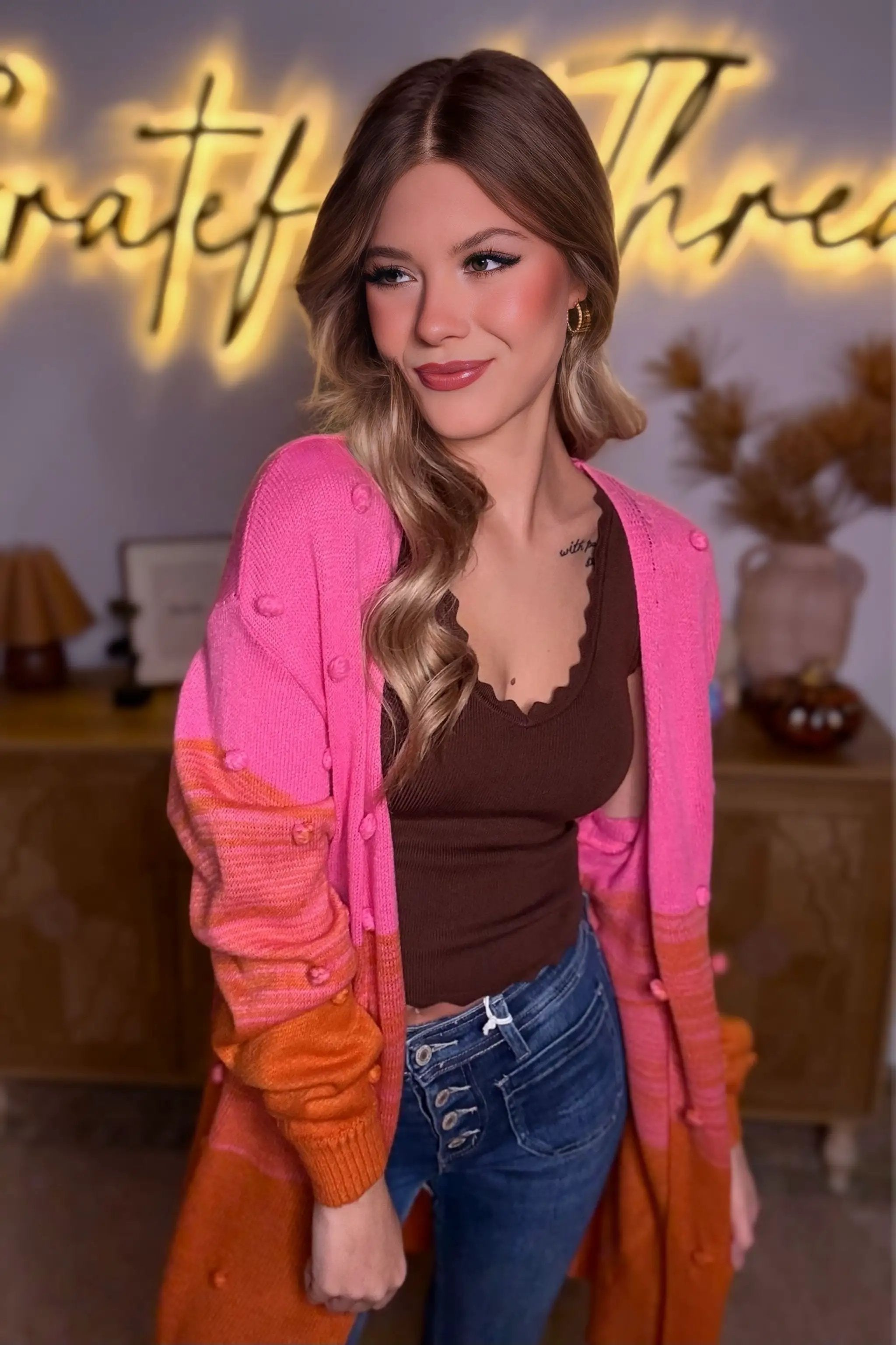 Grateful Threads Boutique Sunset Color Block Pom Pom Open Front Cardigan Sweater - Cardigans Multicolor Pompom Color Block Open Front Cardigan