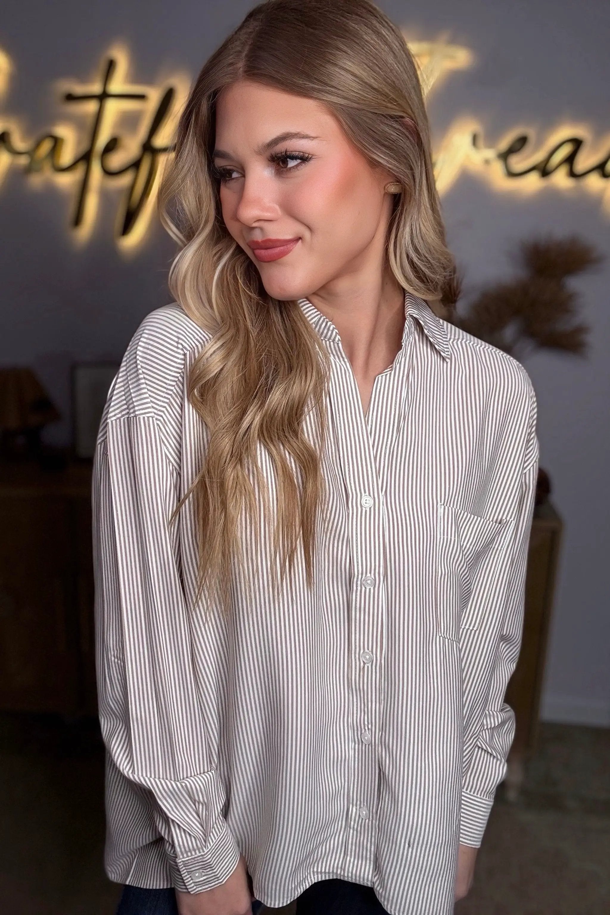 Active Basic | Active USA Active Basic | Active USA - Long Dolman Sleeve Oversized Stripe Button Up Collared Shirt: Khaki/Off White - Clothing Tops