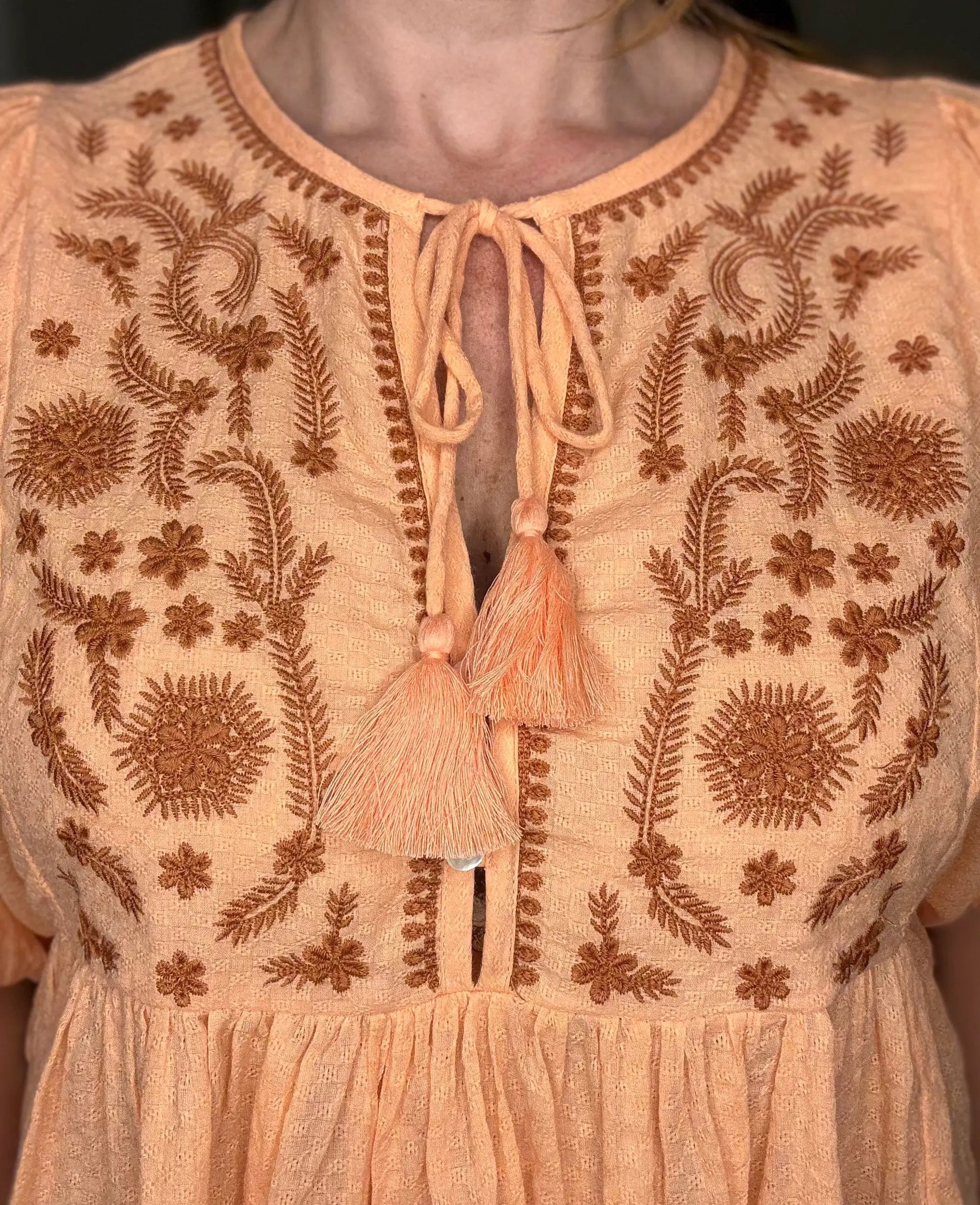 En Crème En Crème Coral & Rust Puff Sleeve Peplum Top with Embroidery Detail - Blouses Spring summer tops