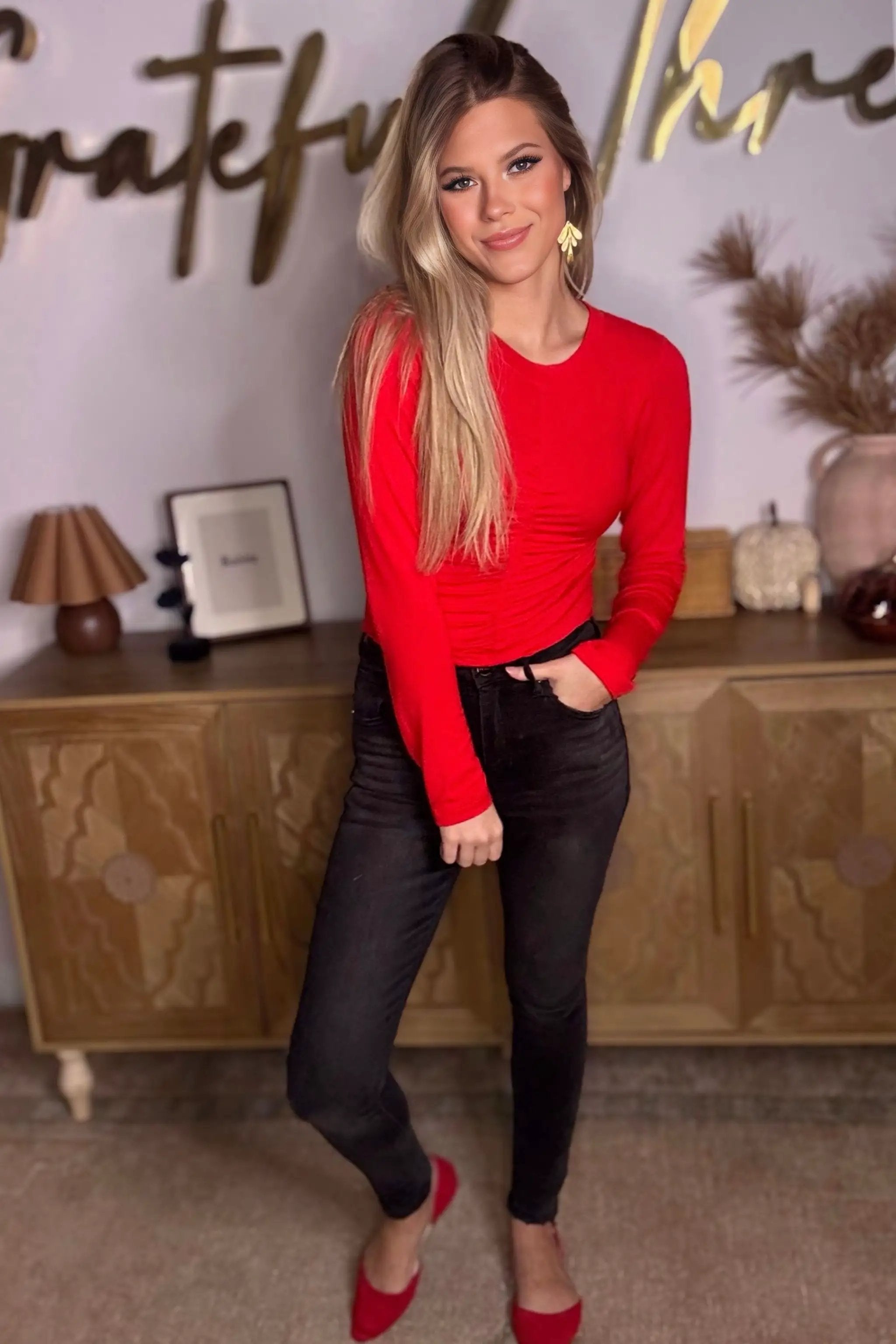 Cerule Long Sleeve Cinched Open Back Top - Shirts