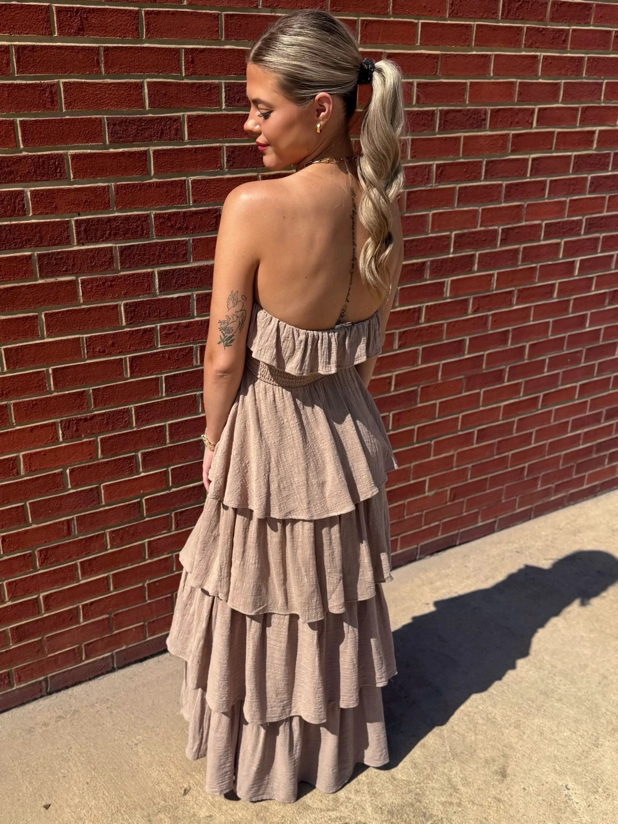Promesa USA Sand Textured Cotton Strapless Tiered Ruffle Maxi Dress - Dresses Promesa USA Sand Textured Cotton Strapless Tiered Ruffle Maxi Dress