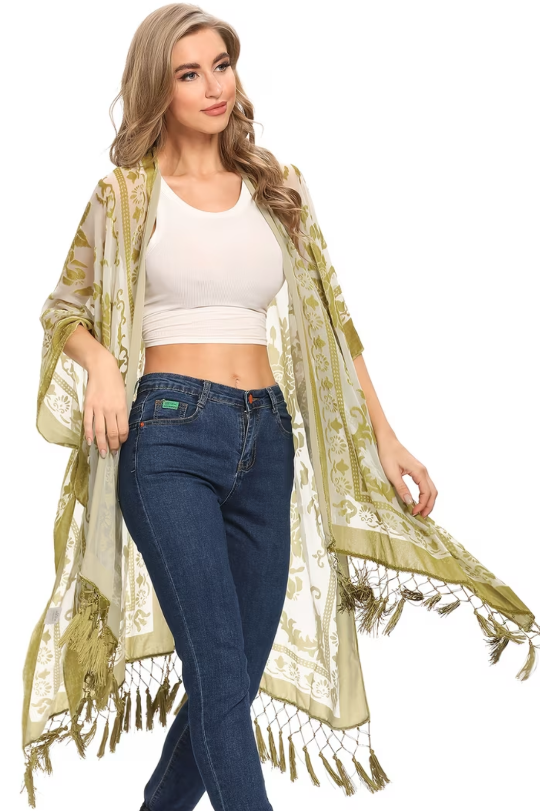 Three Bird Nest Crushin' On You velvet kimono scarf in olive floral print with tassel fringe, worn by model.