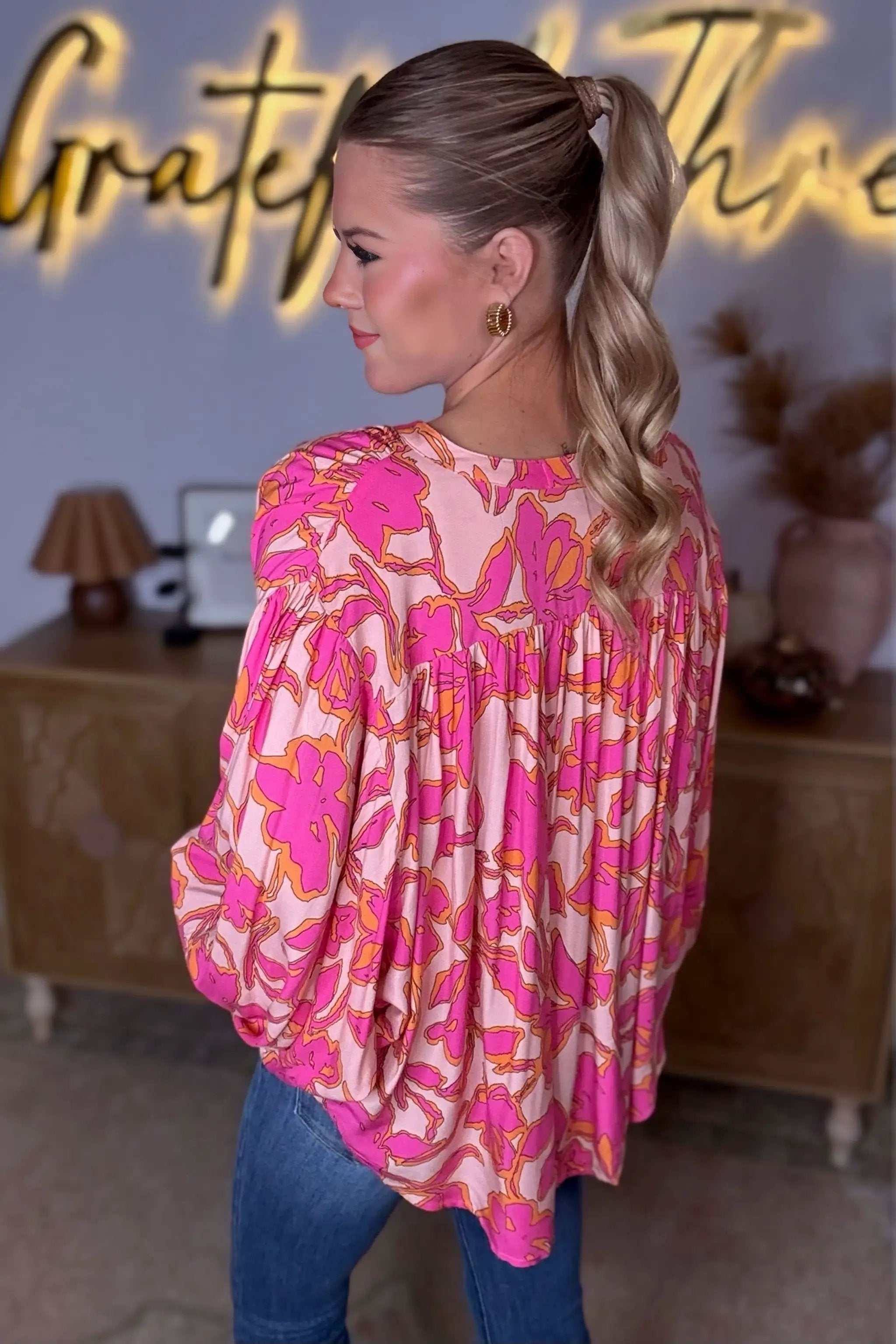Grateful Threads Boutique Pink & Orange Floral Batwing Sleeve Button-Up Loose Fit Blouse - Blouses pink floral batwing sleeve blouse