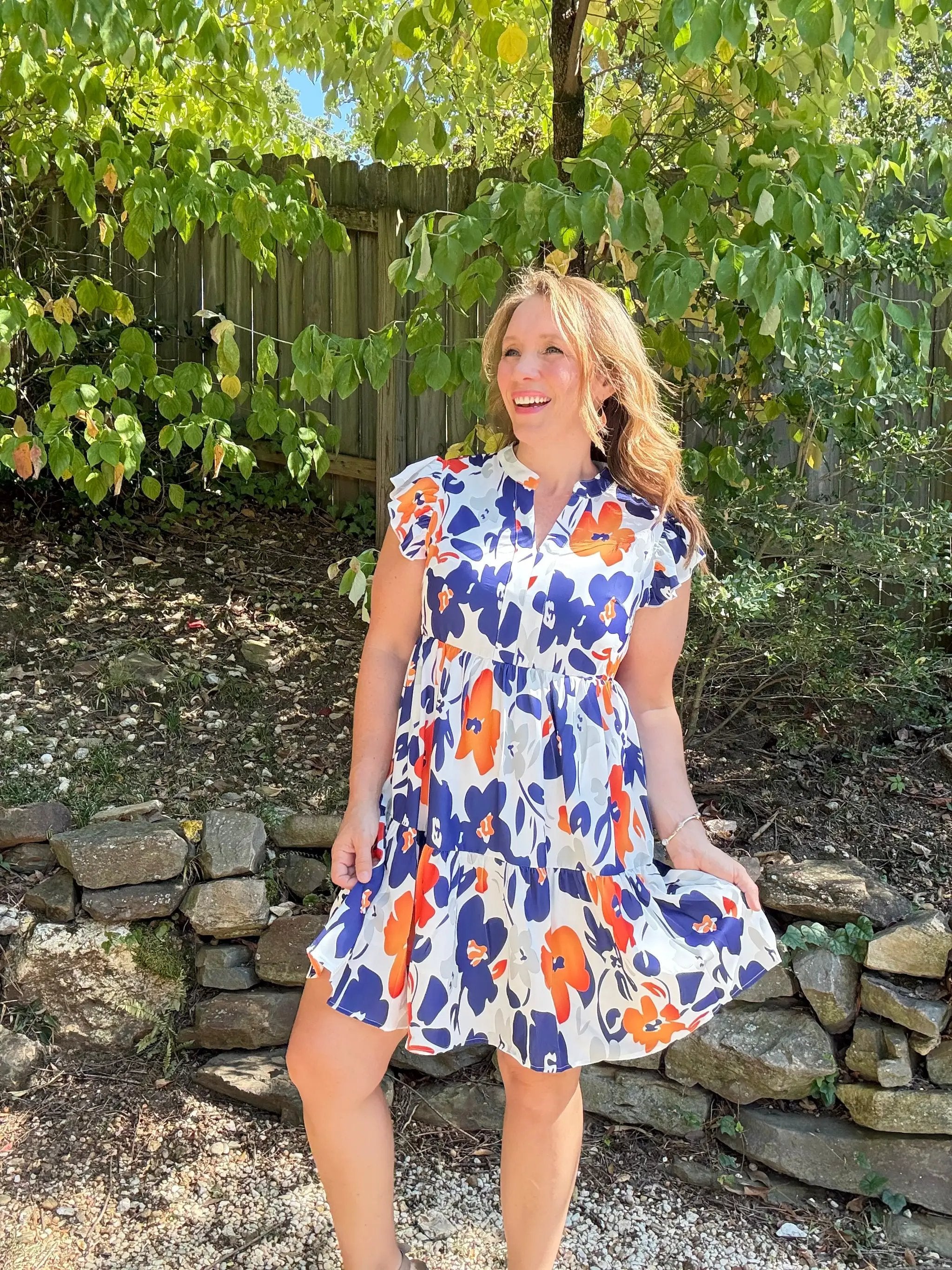 Grateful Threads Boutique Floral Print Notched Neck Flutter Sleeve Mini Dress - Dresses orange floral flutter sleeve mini dress